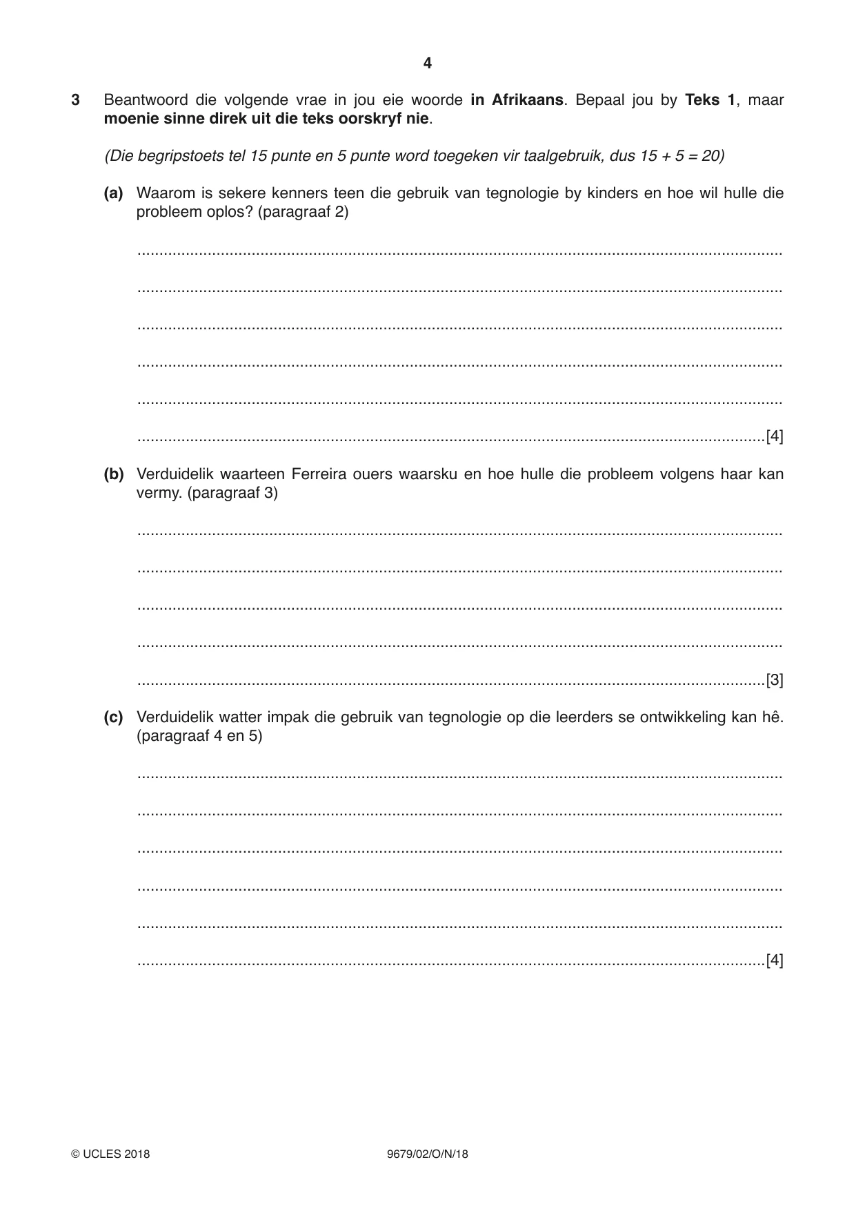Cambridge A Level Afrikaans 9679 2018 Oct/Nov Paper 2 · Variant 0 question paper, page 4 of 12