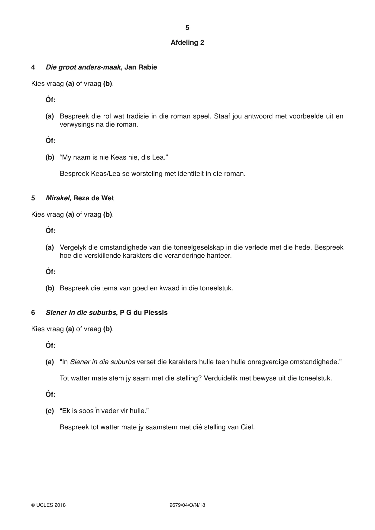 Cambridge A Level Afrikaans 9679 2018 Oct/Nov Paper 4 · Variant 0 question paper, page 5 of 8