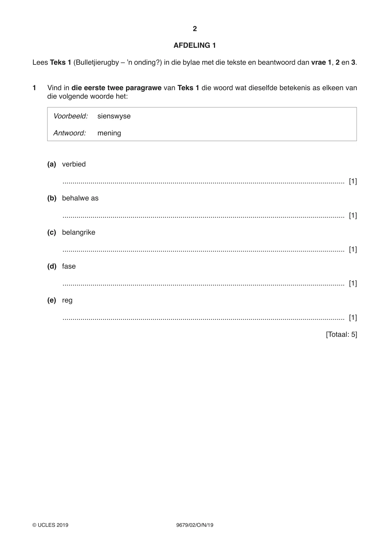 Cambridge A Level Afrikaans 9679 2019 Oct/Nov Paper 2 · Variant 1 question paper, page 2 of 12