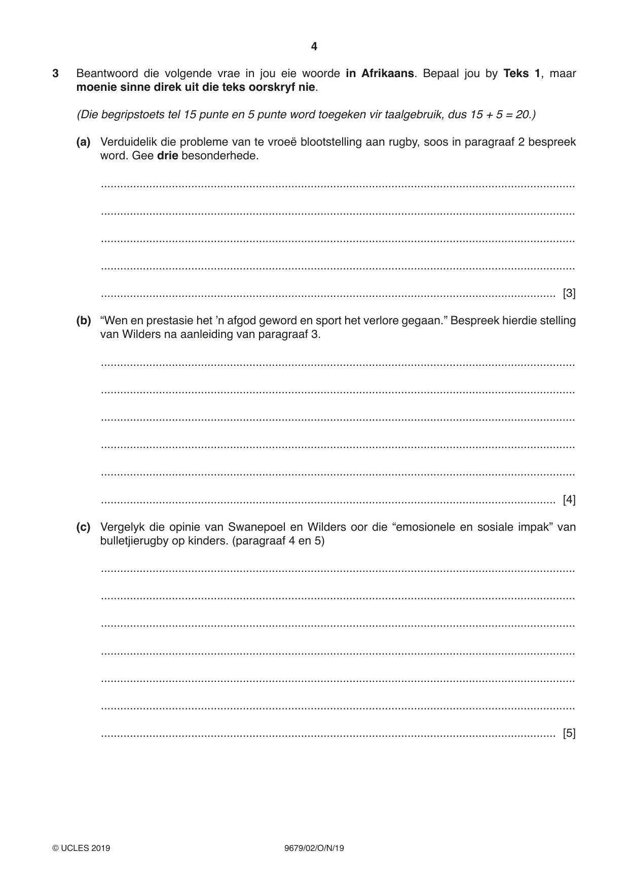 Cambridge A Level Afrikaans 9679 2019 Oct/Nov Paper 2 · Variant 1 question paper, page 4 of 12