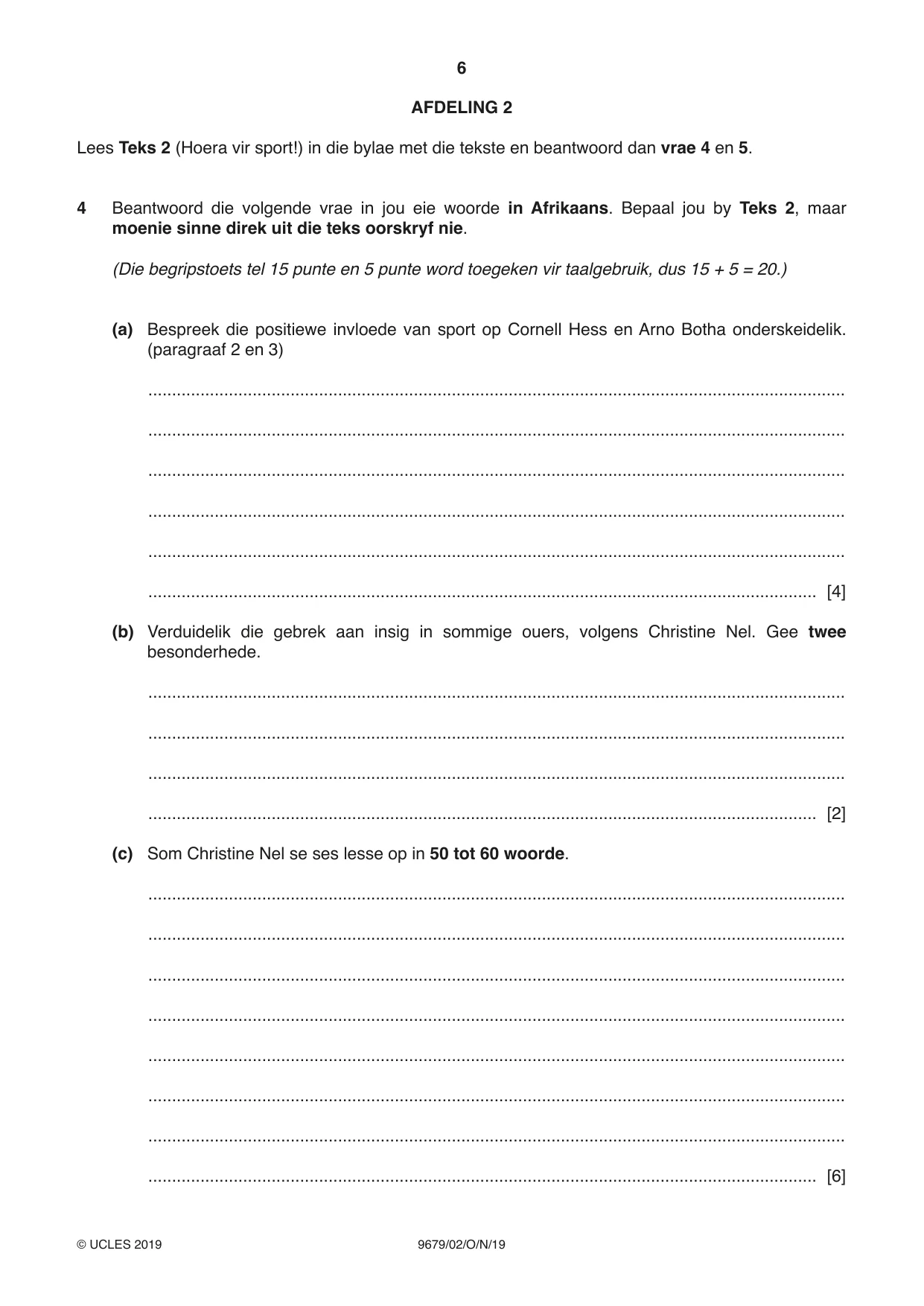 Cambridge A Level Afrikaans 9679 2019 Oct/Nov Paper 2 · Variant 1 question paper, page 6 of 12