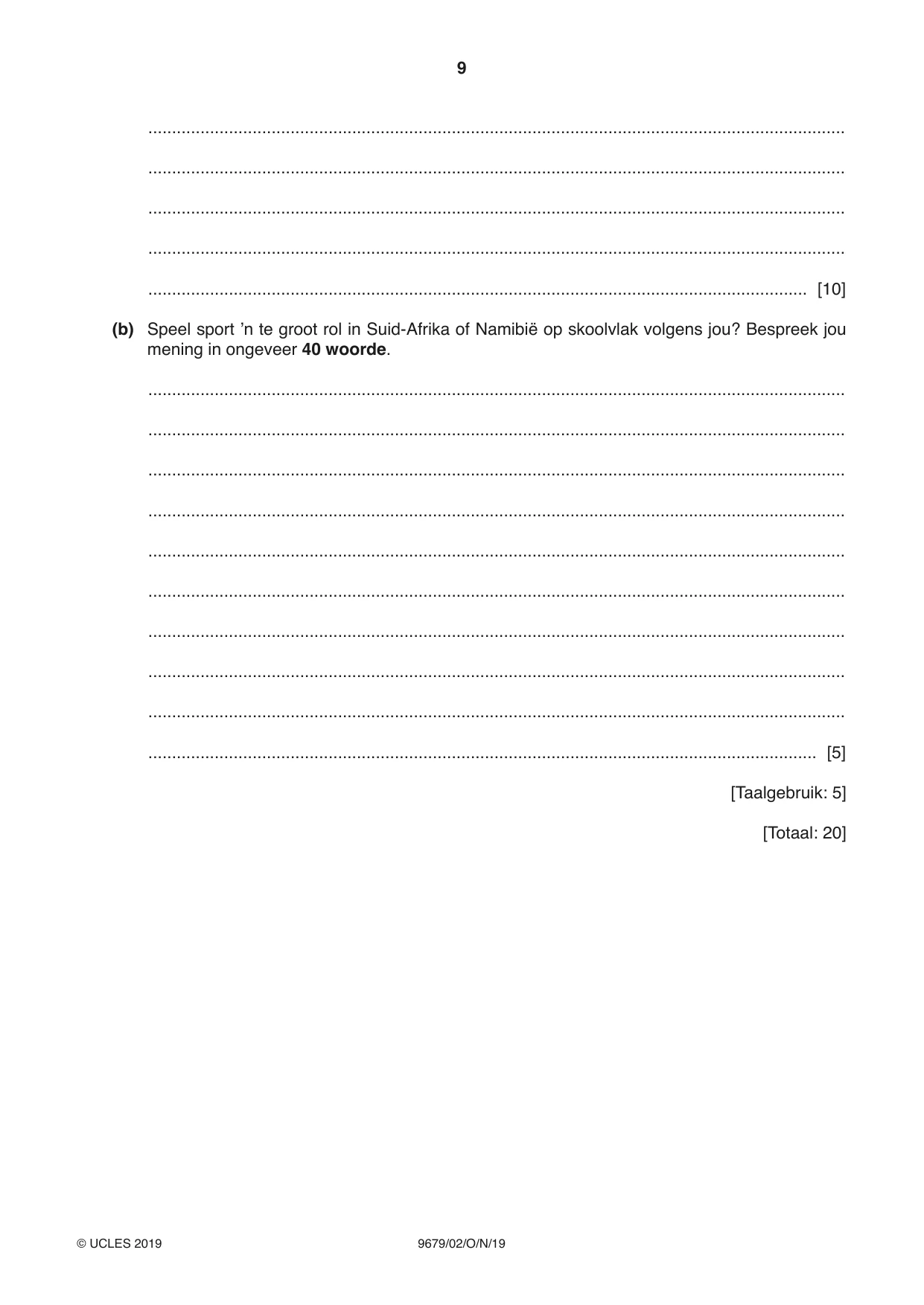 Cambridge A Level Afrikaans 9679 2019 Oct/Nov Paper 2 · Variant 1 question paper, page 9 of 12