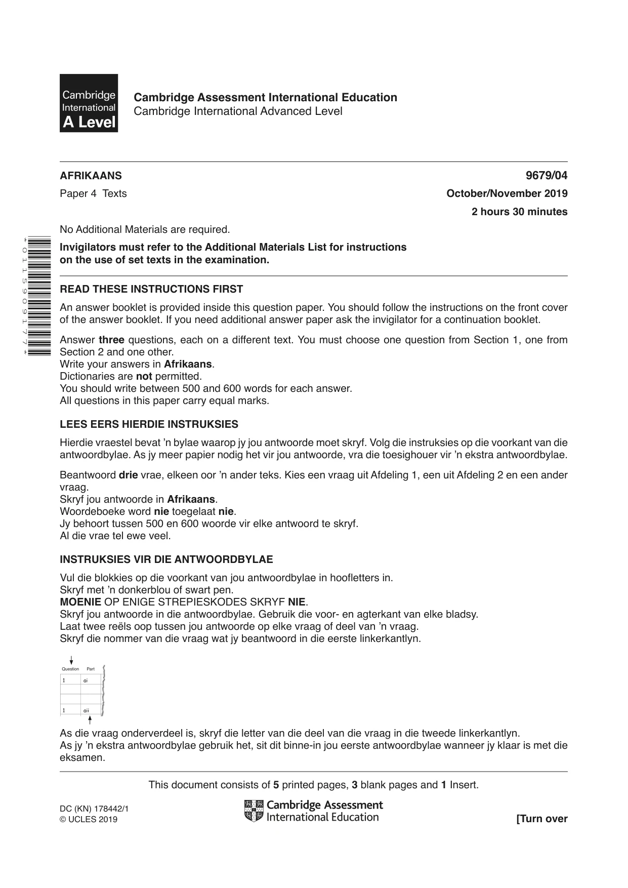 Cambridge A Level Afrikaans 9679 2019 Oct/Nov Paper 4 · Variant 1 question paper, page 1 of 8