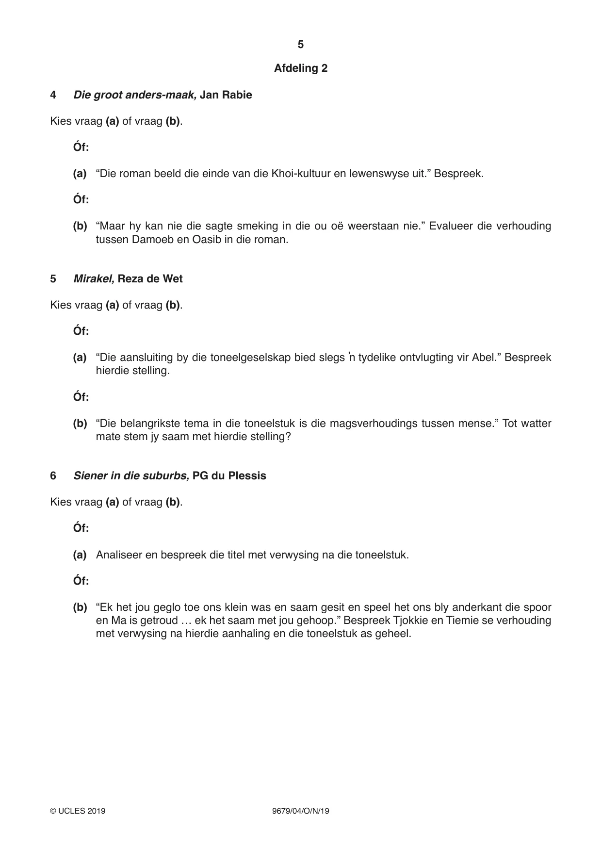 Cambridge A Level Afrikaans 9679 2019 Oct/Nov Paper 4 · Variant 1 question paper, page 5 of 8