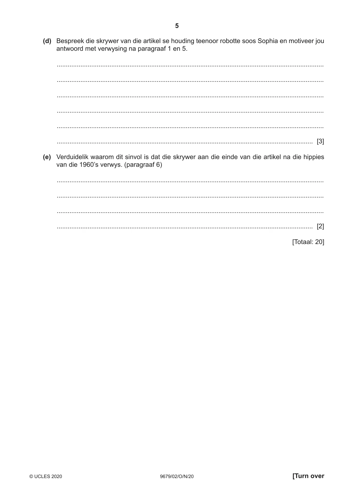 Cambridge A Level Afrikaans 9679 2020 Oct/Nov Paper 2 · Variant 0 question paper, page 5 of 12