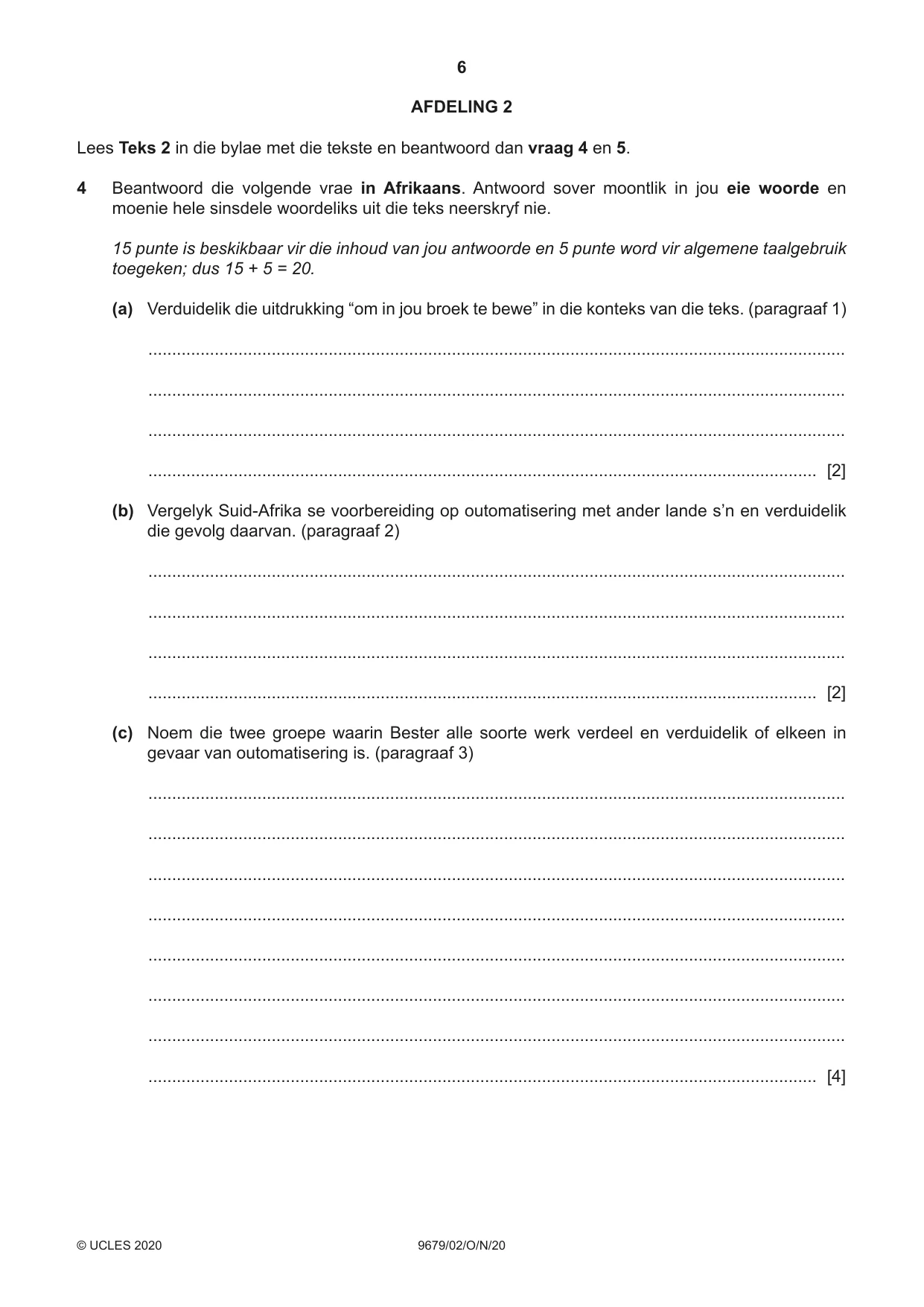 Cambridge A Level Afrikaans 9679 2020 Oct/Nov Paper 2 · Variant 0 question paper, page 6 of 12