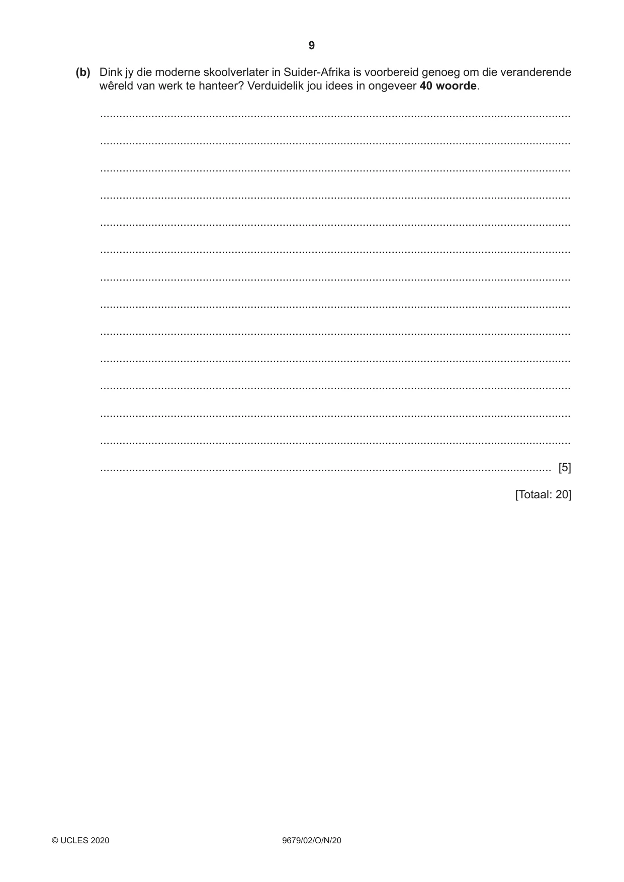 Cambridge A Level Afrikaans 9679 2020 Oct/Nov Paper 2 · Variant 0 question paper, page 9 of 12