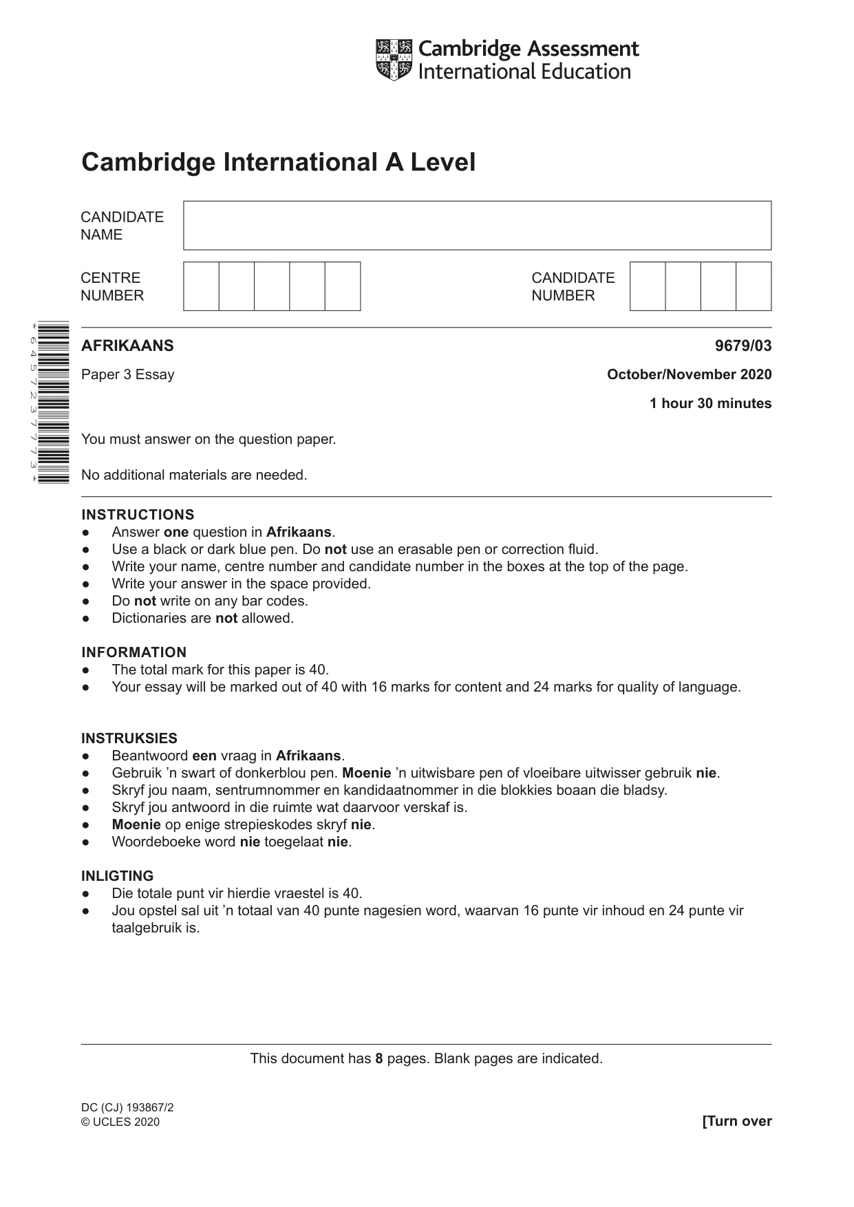 Cambridge A Level Afrikaans 9679 2020 Oct/Nov Paper 3 · Variant 0 question paper, page 1 of 8