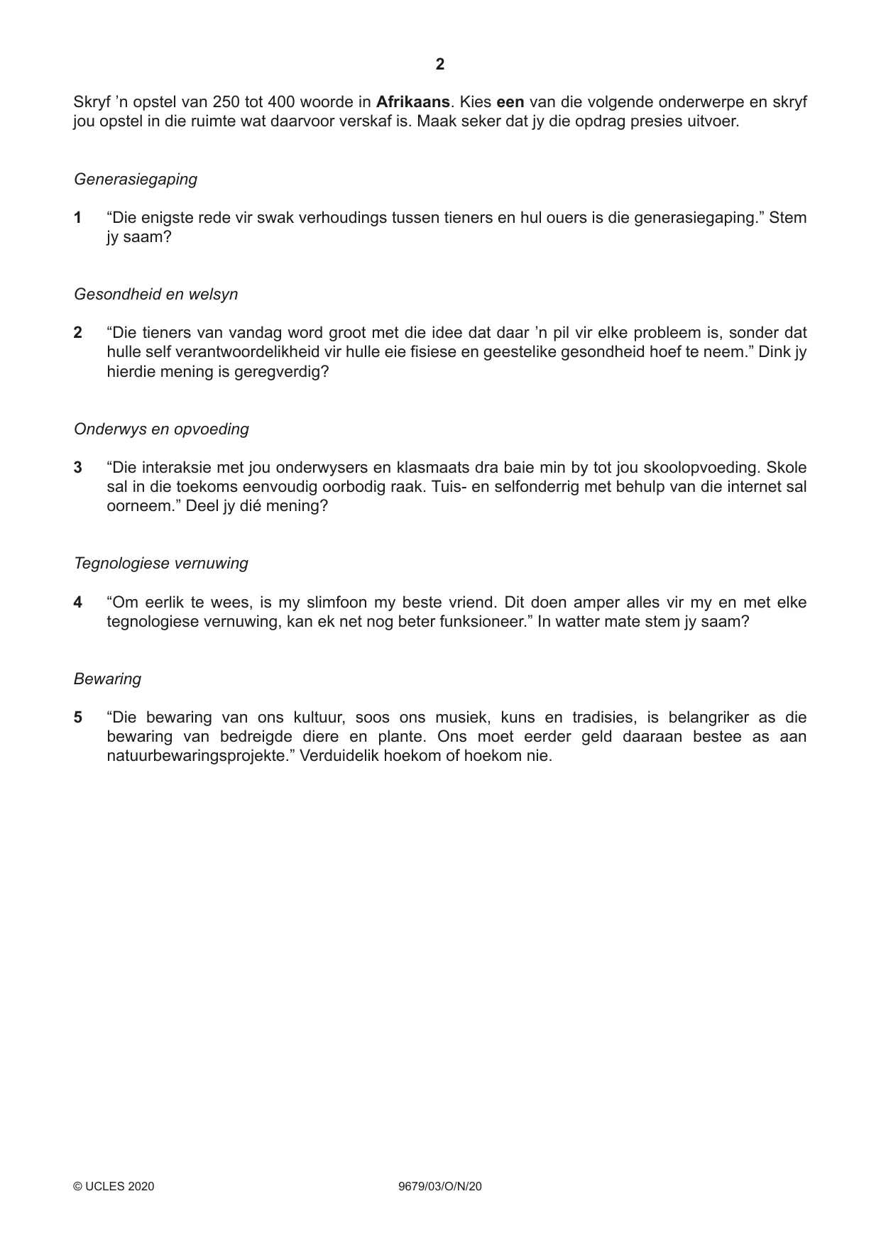 Cambridge A Level Afrikaans 9679 2020 Oct/Nov Paper 3 · Variant 0 question paper, page 2 of 8