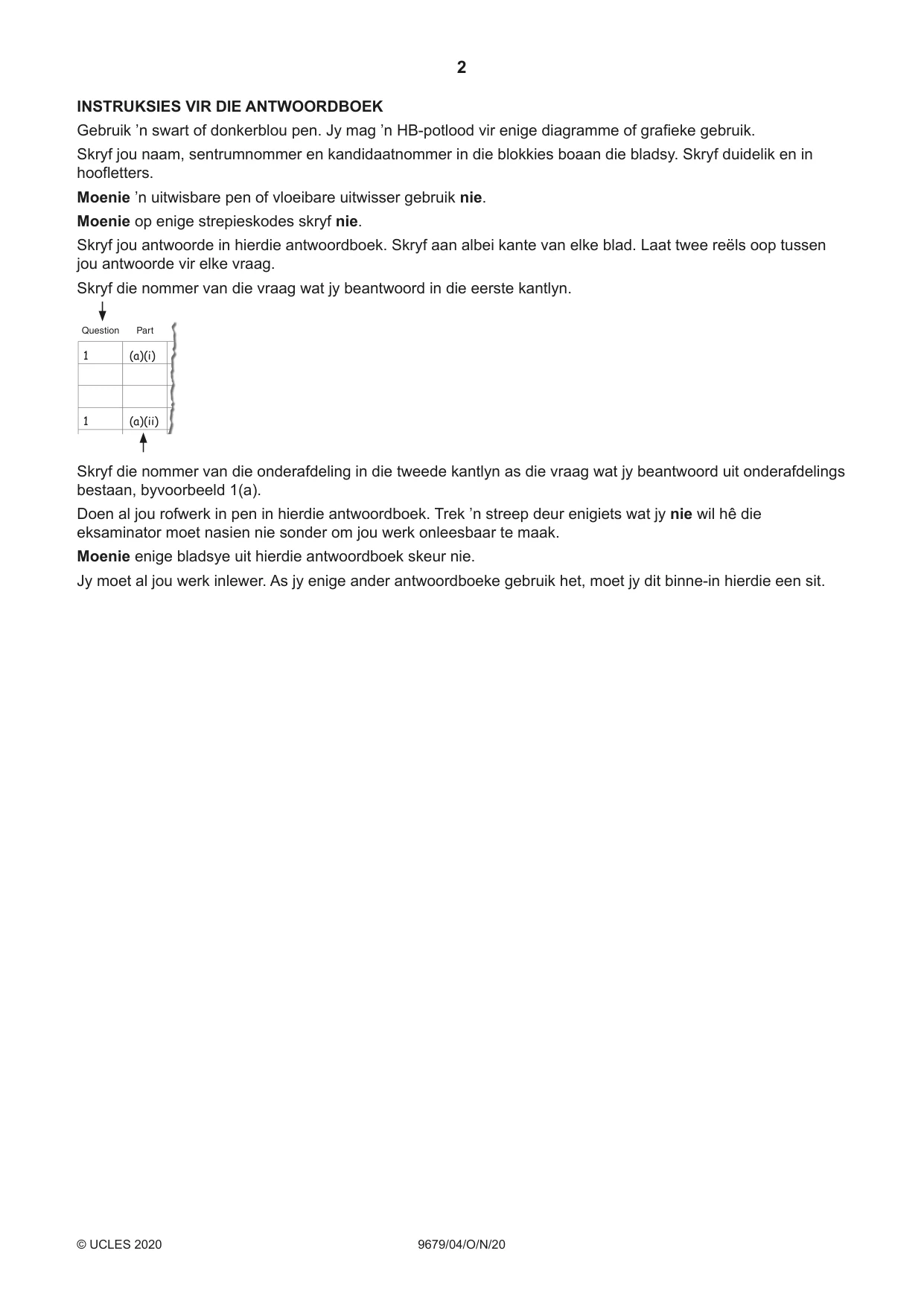 Cambridge A Level Afrikaans 9679 2020 Oct/Nov Paper 4 · Variant 0 question paper, page 2 of 8