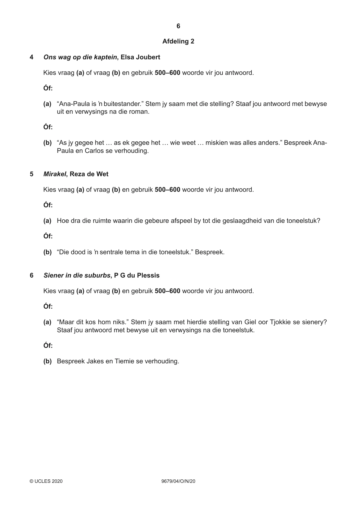 Cambridge A Level Afrikaans 9679 2020 Oct/Nov Paper 4 · Variant 0 question paper, page 6 of 8