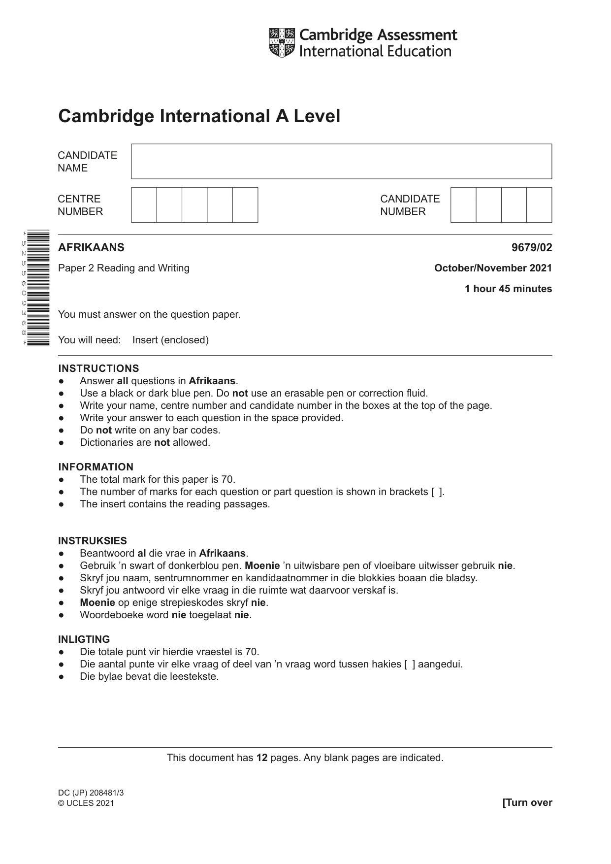 Cambridge A Level Afrikaans 9679 2021 Oct/Nov Paper 2 · Variant 0 question paper, page 1 of 12