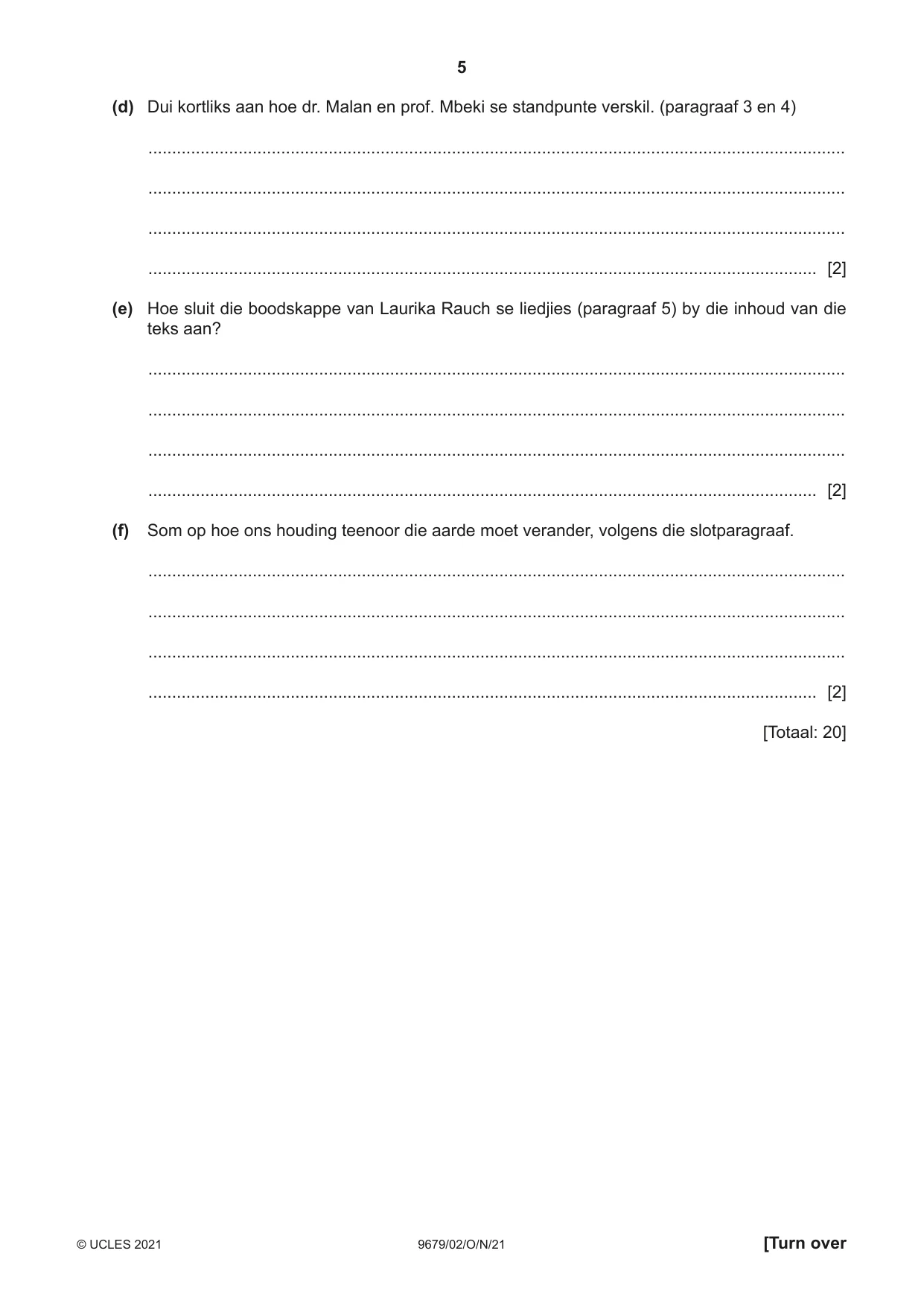 Cambridge A Level Afrikaans 9679 2021 Oct/Nov Paper 2 · Variant 0 question paper, page 5 of 12