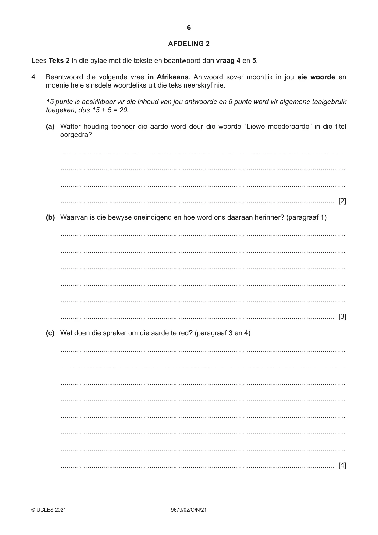Cambridge A Level Afrikaans 9679 2021 Oct/Nov Paper 2 · Variant 0 question paper, page 6 of 12