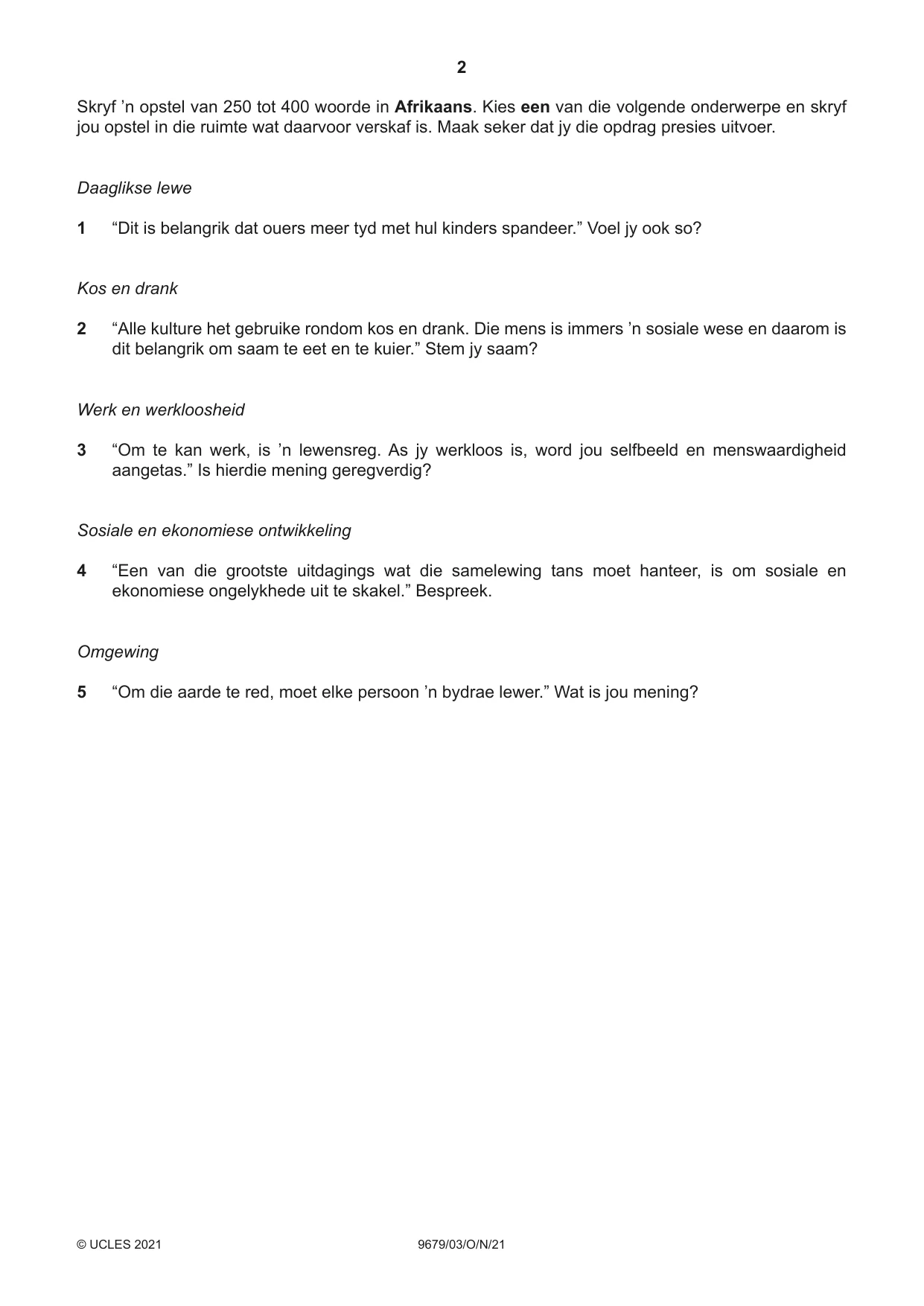 Cambridge A Level Afrikaans 9679 2021 Oct/Nov Paper 3 · Variant 0 question paper, page 2 of 8