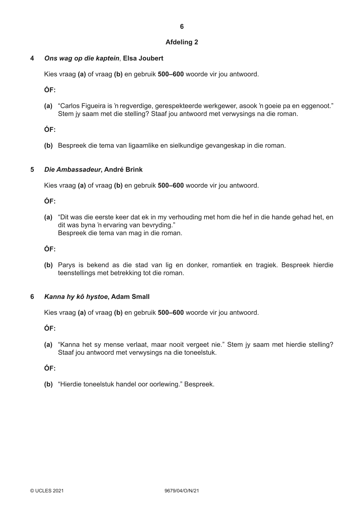 Cambridge A Level Afrikaans 9679 2021 Oct/Nov Paper 4 · Variant 0 question paper, page 6 of 8