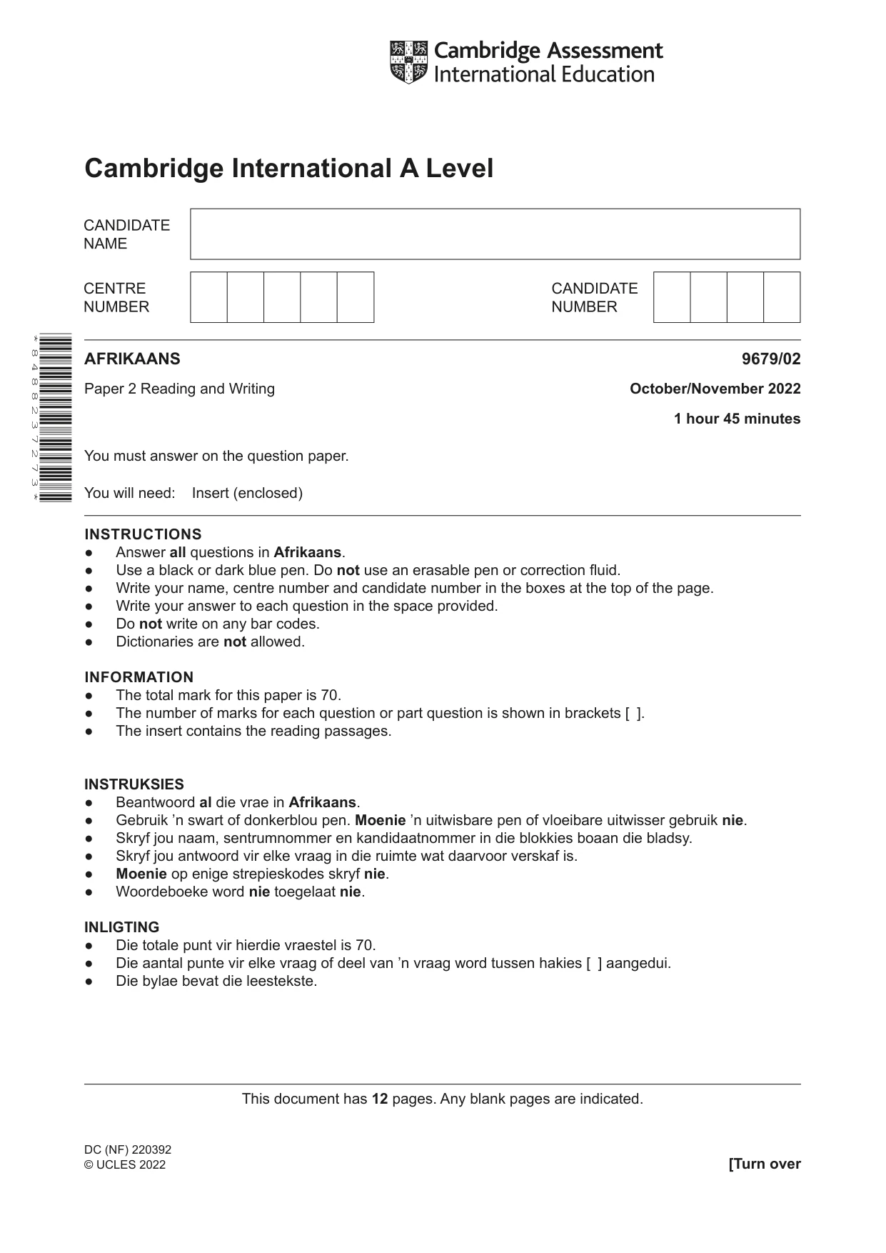 Cambridge A Level Afrikaans 9679 2022 Oct/Nov Paper 2 · Variant 0 question paper, page 1 of 12