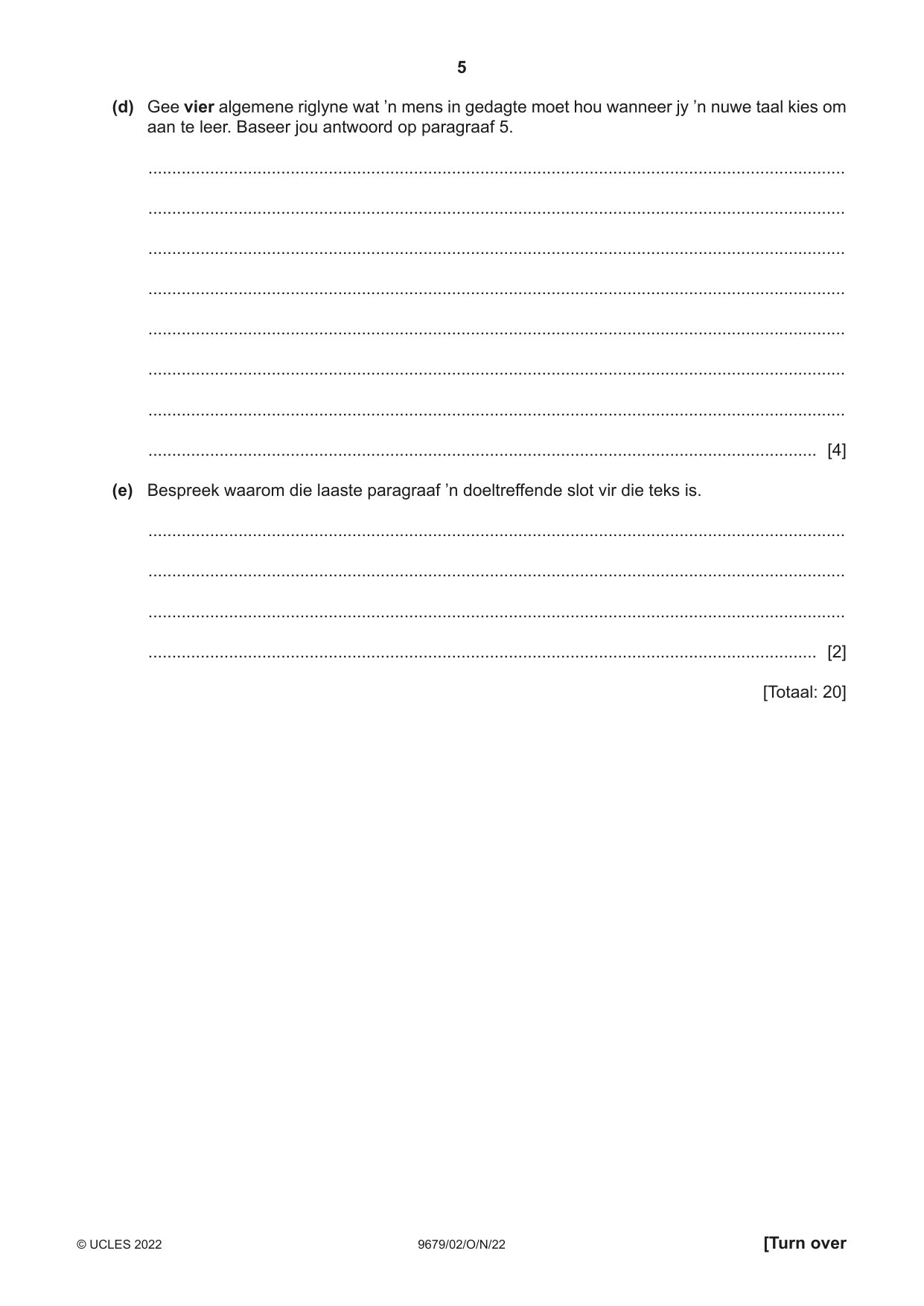 Cambridge A Level Afrikaans 9679 2022 Oct/Nov Paper 2 · Variant 0 question paper, page 5 of 12