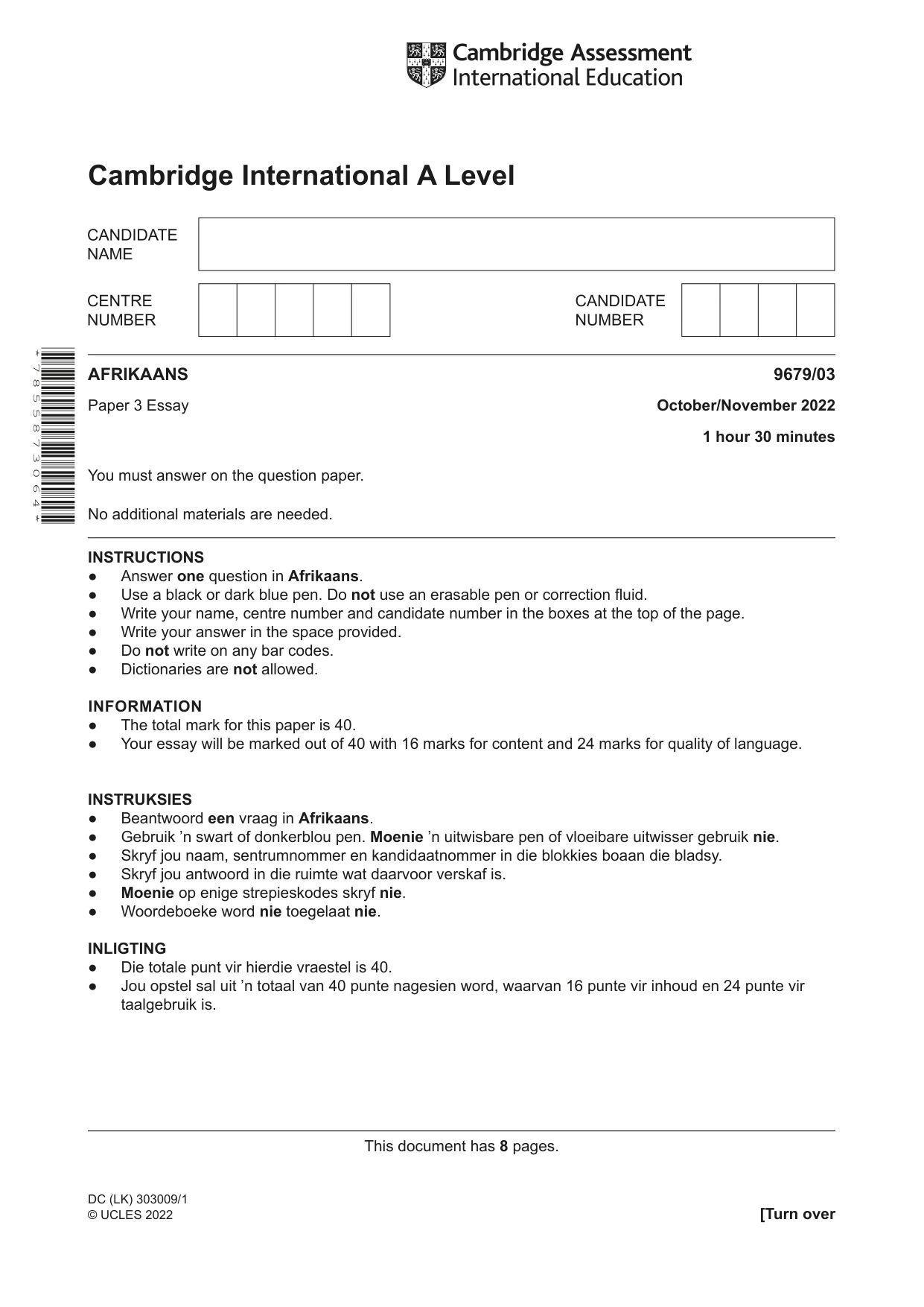 Cambridge A Level Afrikaans 9679 2022 Oct/Nov Paper 3 · Variant 0 question paper, page 1 of 8
