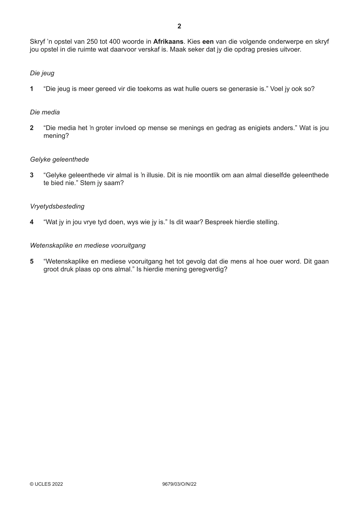 Cambridge A Level Afrikaans 9679 2022 Oct/Nov Paper 3 · Variant 0 question paper, page 2 of 8