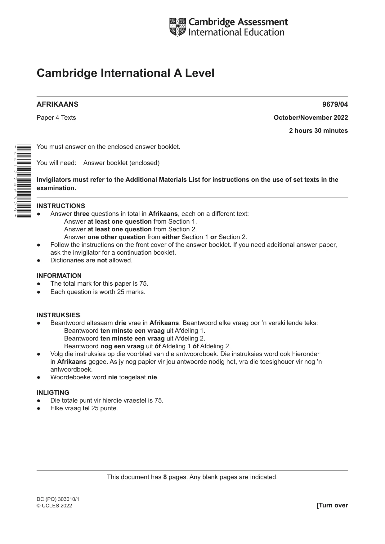 Cambridge A Level Afrikaans 9679 2022 Oct/Nov Paper 4 · Variant 0 question paper, page 1 of 8