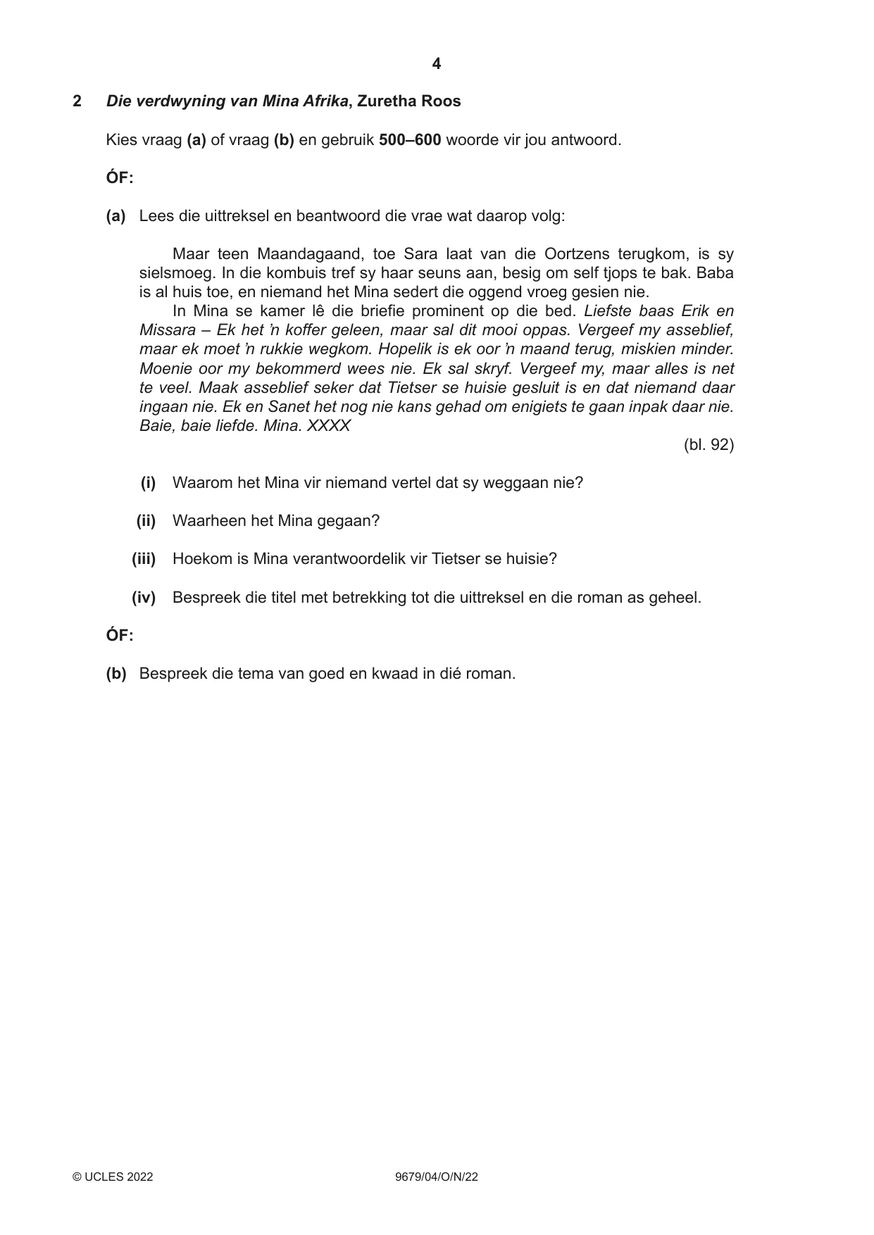 Cambridge A Level Afrikaans 9679 2022 Oct/Nov Paper 4 · Variant 0 question paper, page 4 of 8