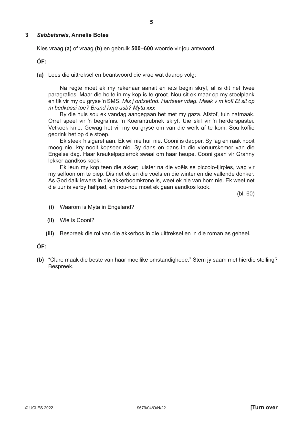 Cambridge A Level Afrikaans 9679 2022 Oct/Nov Paper 4 · Variant 0 question paper, page 5 of 8