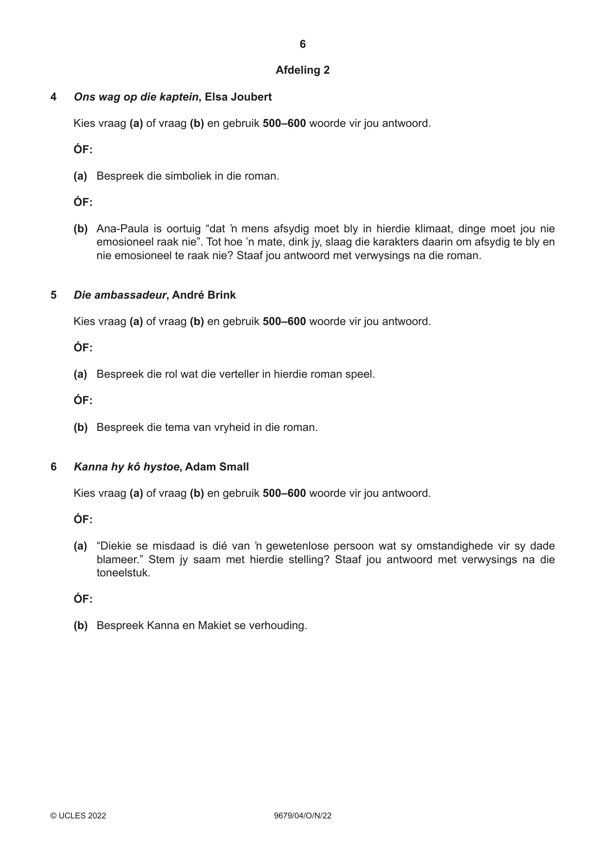 Cambridge A Level Afrikaans 9679 2022 Oct/Nov Paper 4 · Variant 0 question paper, page 6 of 8