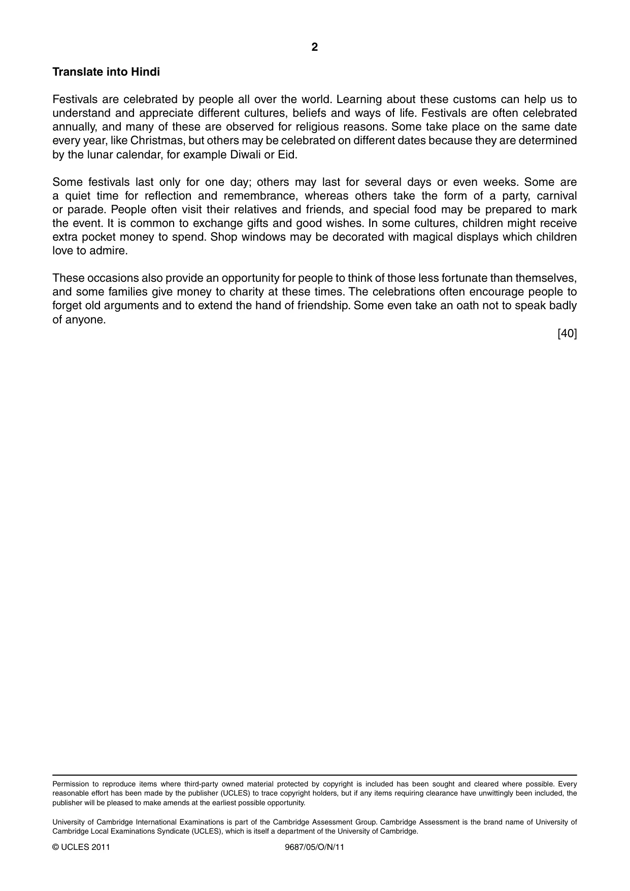 Cambridge A Level Hindi (A Level only) 9687 2011 Oct/Nov Paper 5 · Variant 1 question paper, page 2 of 2