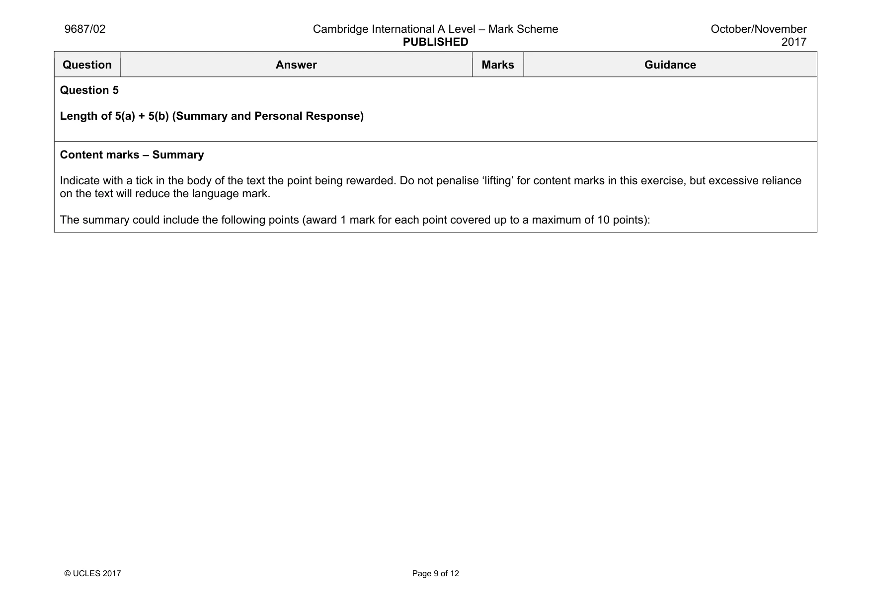 Mark scheme, page 9 of 12