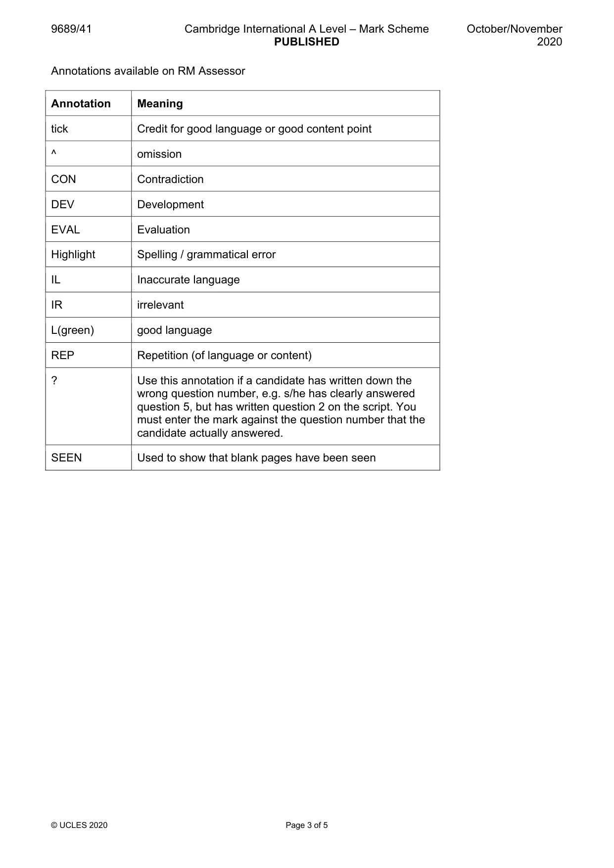 Mark scheme, page 3 of 5
