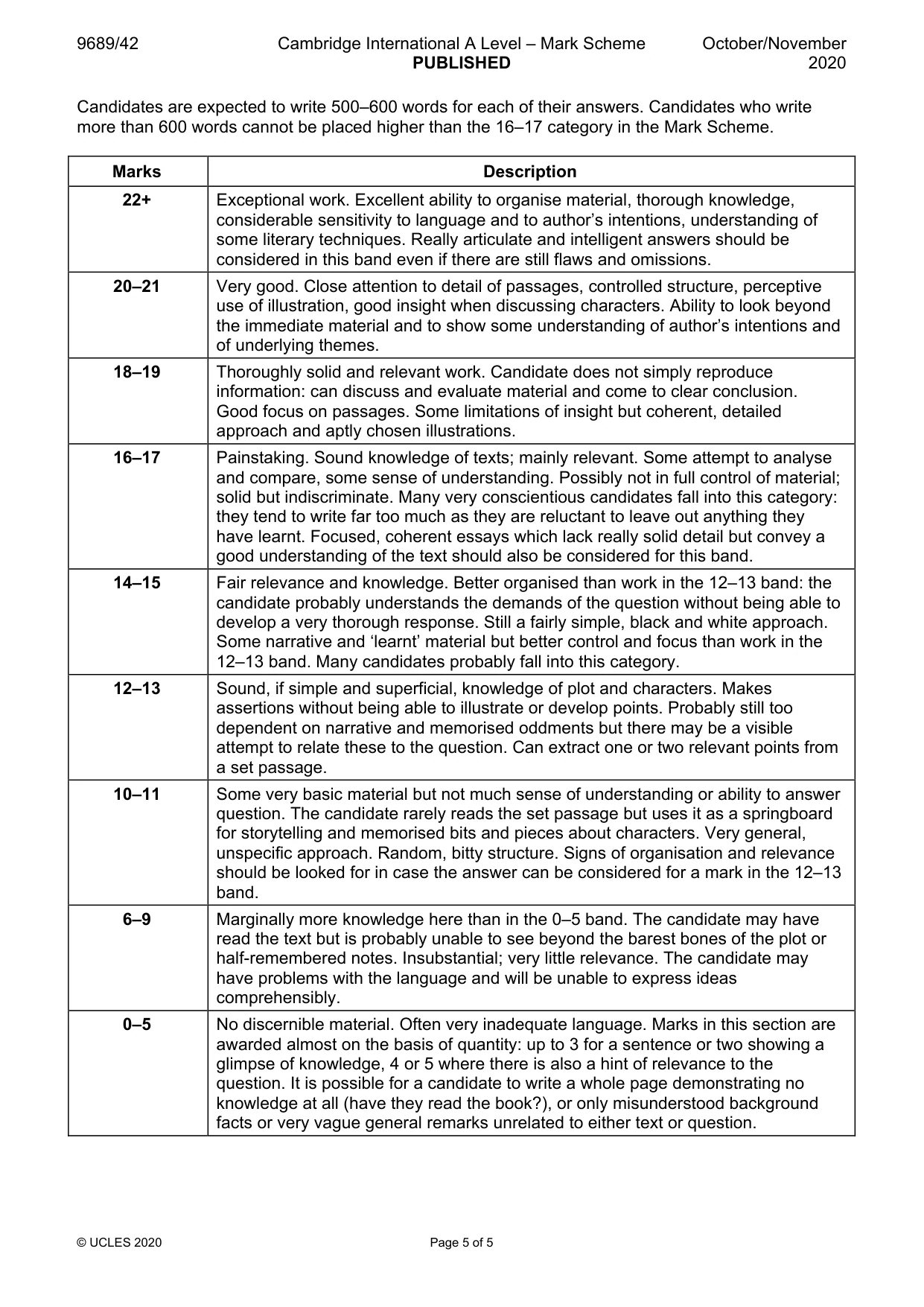 Mark scheme, page 5 of 5