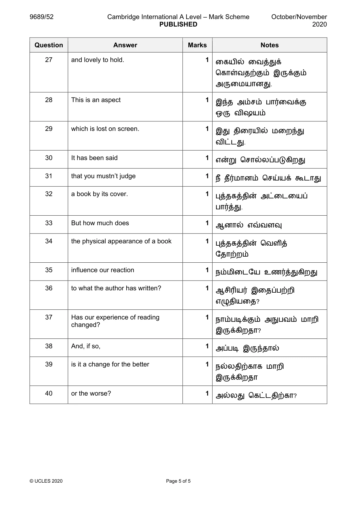 Mark scheme, page 5 of 5