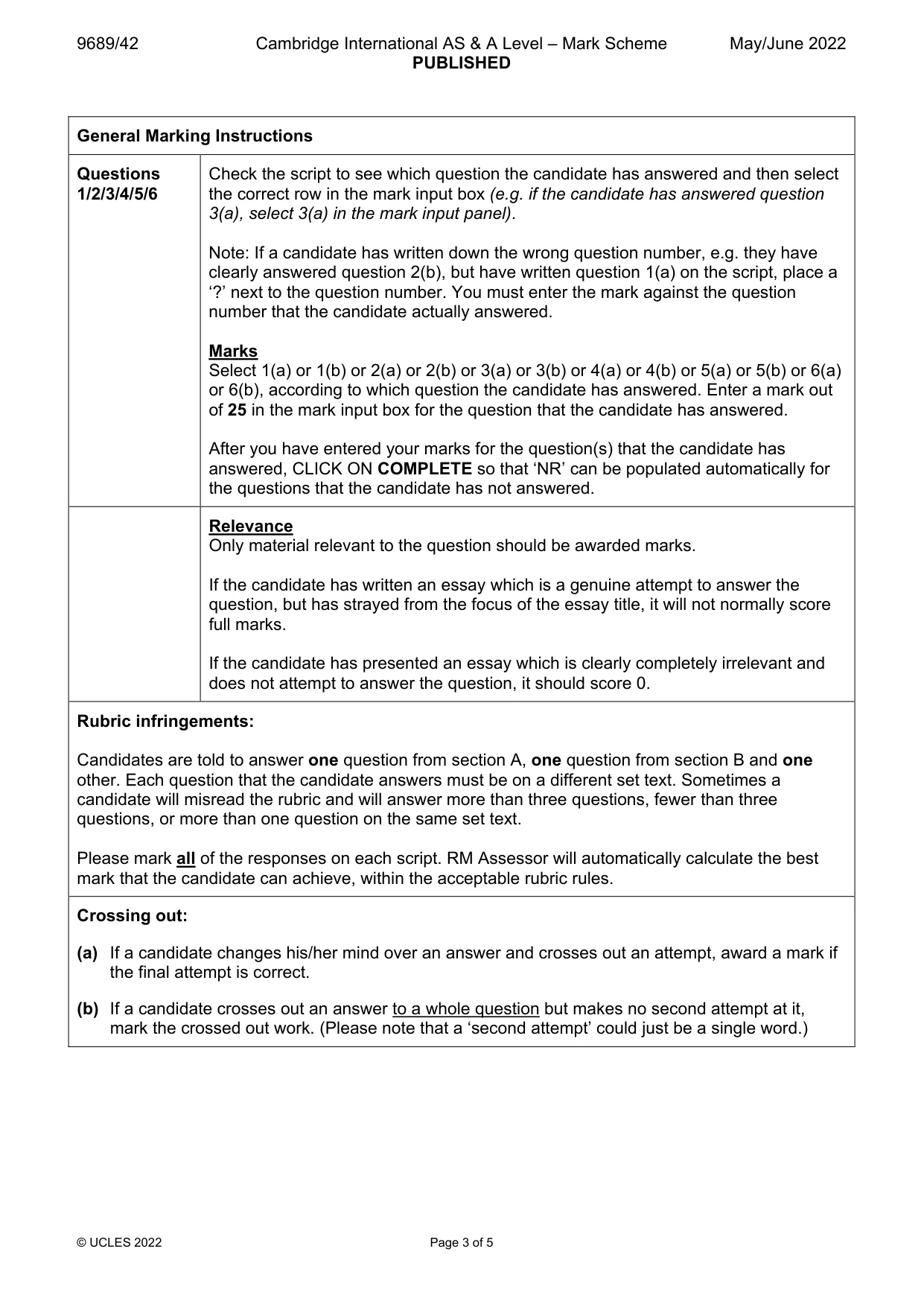 Mark scheme, page 3 of 5