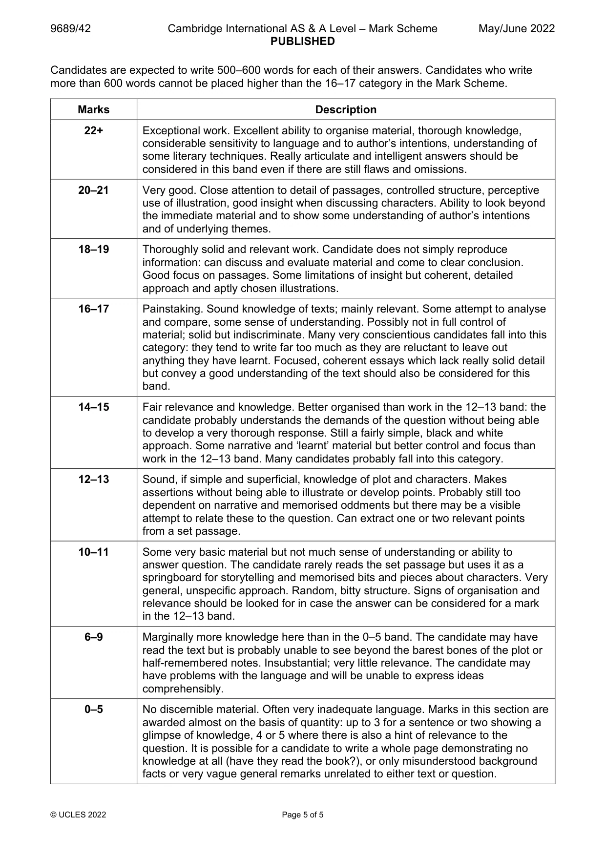 Mark scheme, page 5 of 5