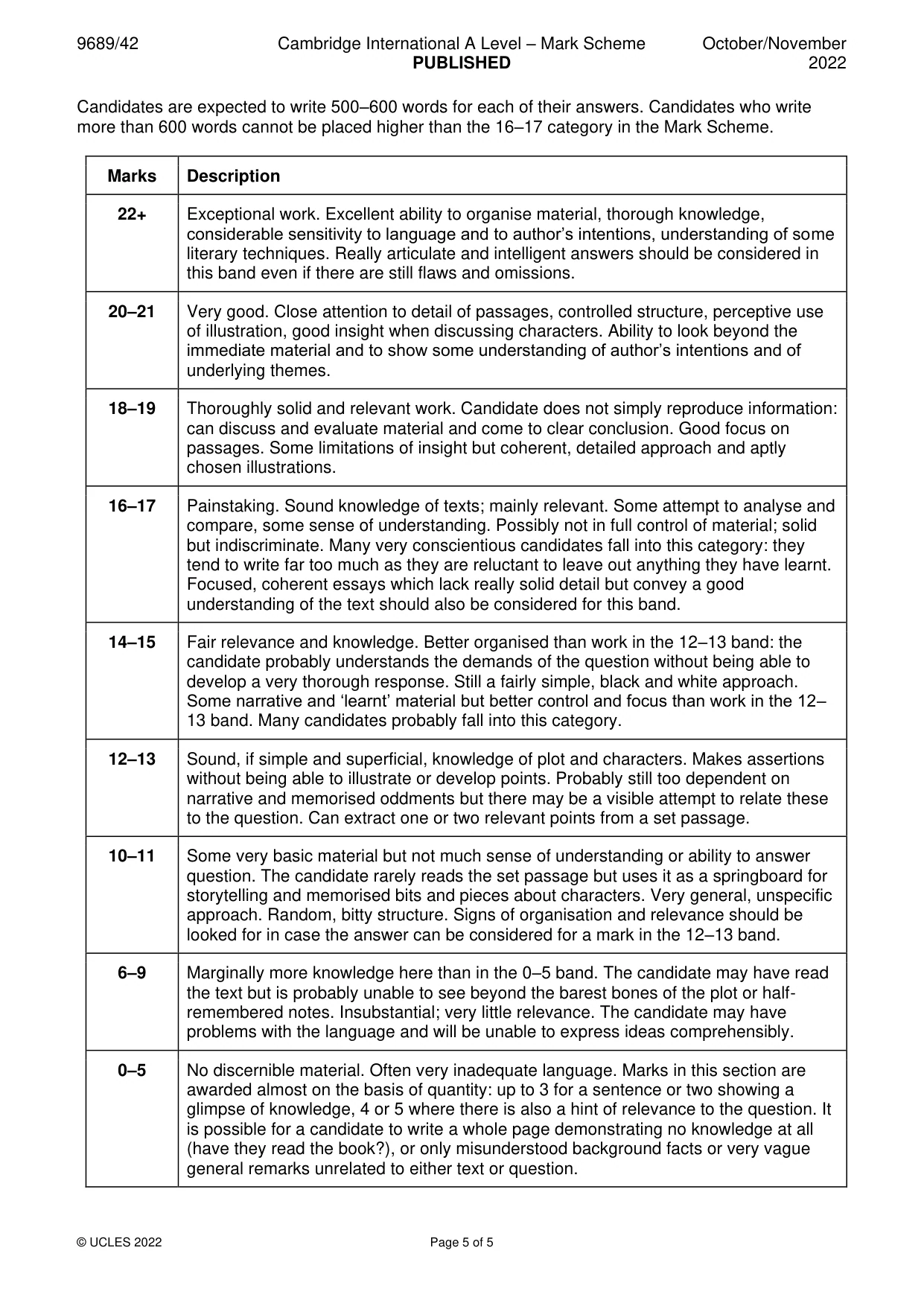 Mark scheme, page 5 of 5
