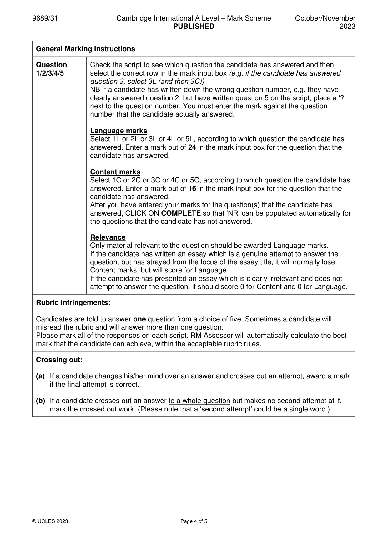 Mark scheme, page 4 of 5