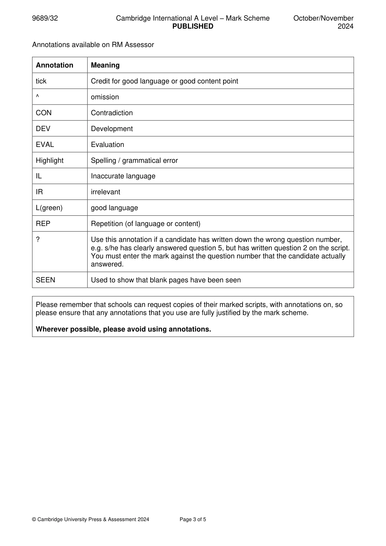 Mark scheme, page 3 of 5