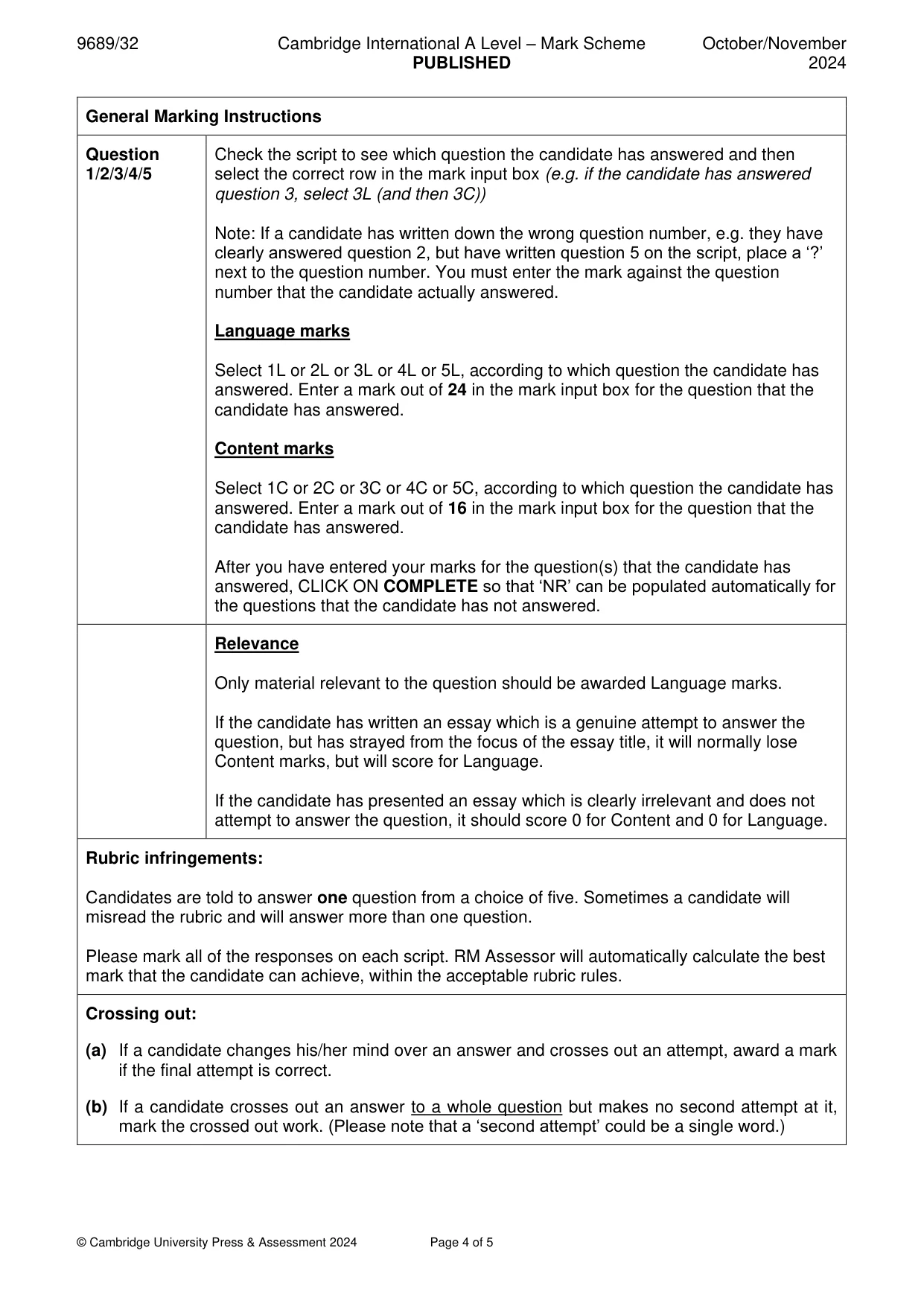 Mark scheme, page 4 of 5