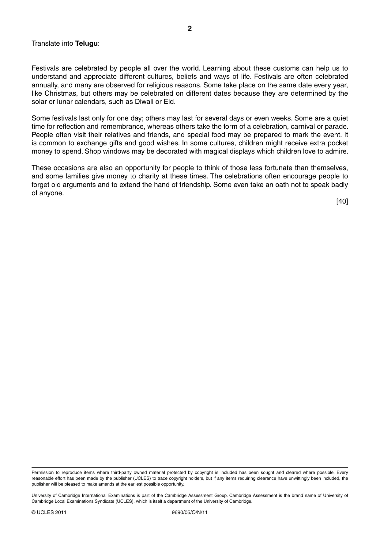 Cambridge A Level Telugu (A Level only) 9690 2011 Oct/Nov Paper 5 · Variant 1 question paper, page 2 of 2