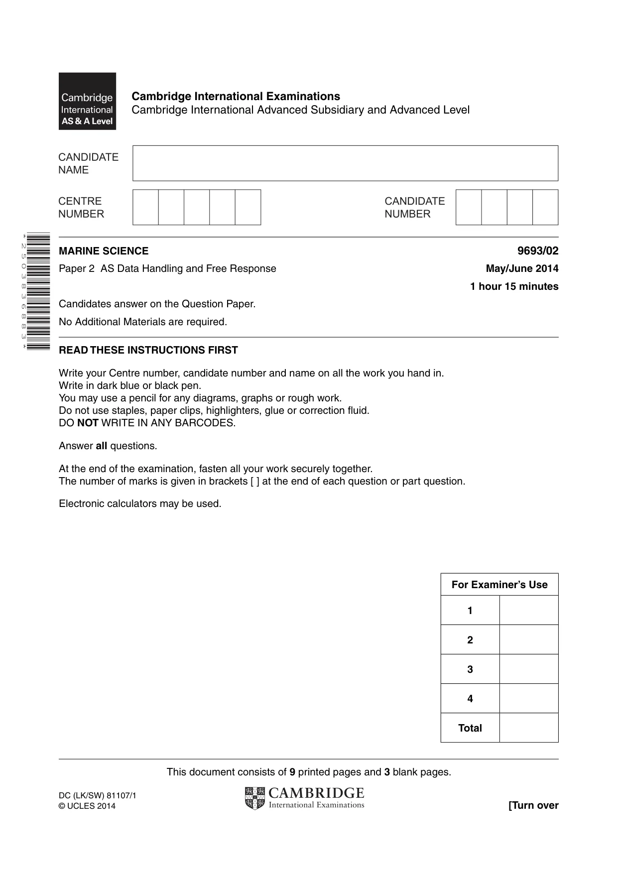 Cambridge A Level Marine Science 9693 2014 May/June Paper 2 · Variant 1 question paper, page 1 of 12