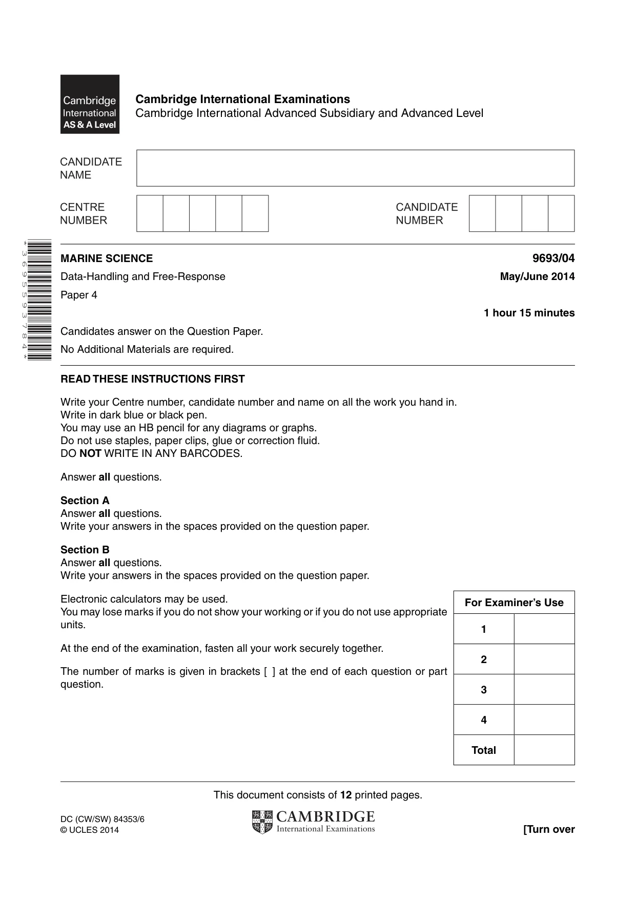 Cambridge A Level Marine Science 9693 2014 May/June Paper 4 · Variant 1 question paper, page 1 of 12