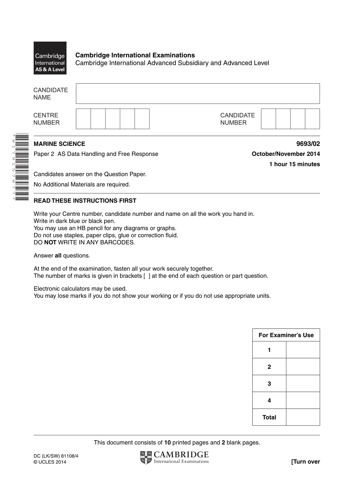 Cambridge A Level Marine Science 9693 2014 Oct/Nov Paper 2 · Variant 1 question paper, page 1 of 12