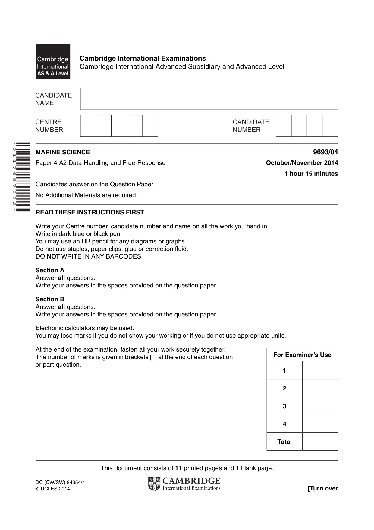 Cambridge A Level Marine Science 9693 2014 Oct/Nov Paper 4 · Variant 1 question paper, page 1 of 12