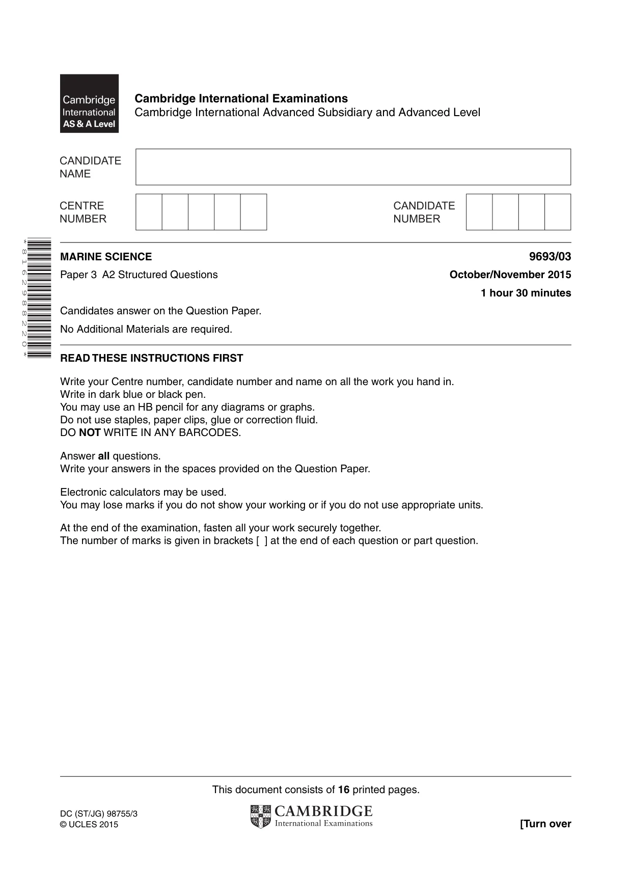 Cambridge A Level Marine Science 9693 2015 Oct/Nov Paper 3 · Variant 1 question paper, page 1 of 16