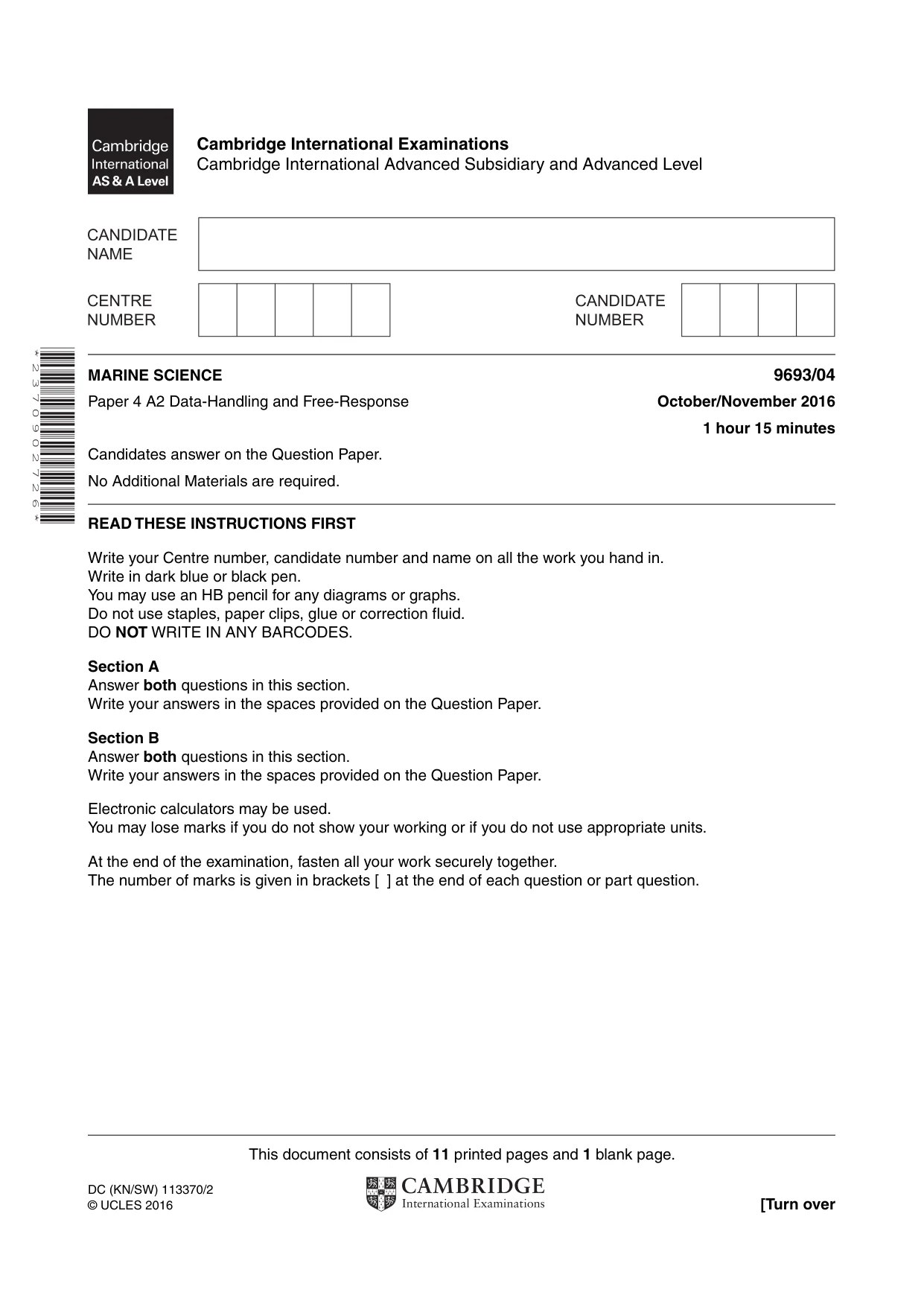 Cambridge A Level Marine Science 9693 2016 Oct/Nov Paper 4 · Variant 1 question paper, page 1 of 12