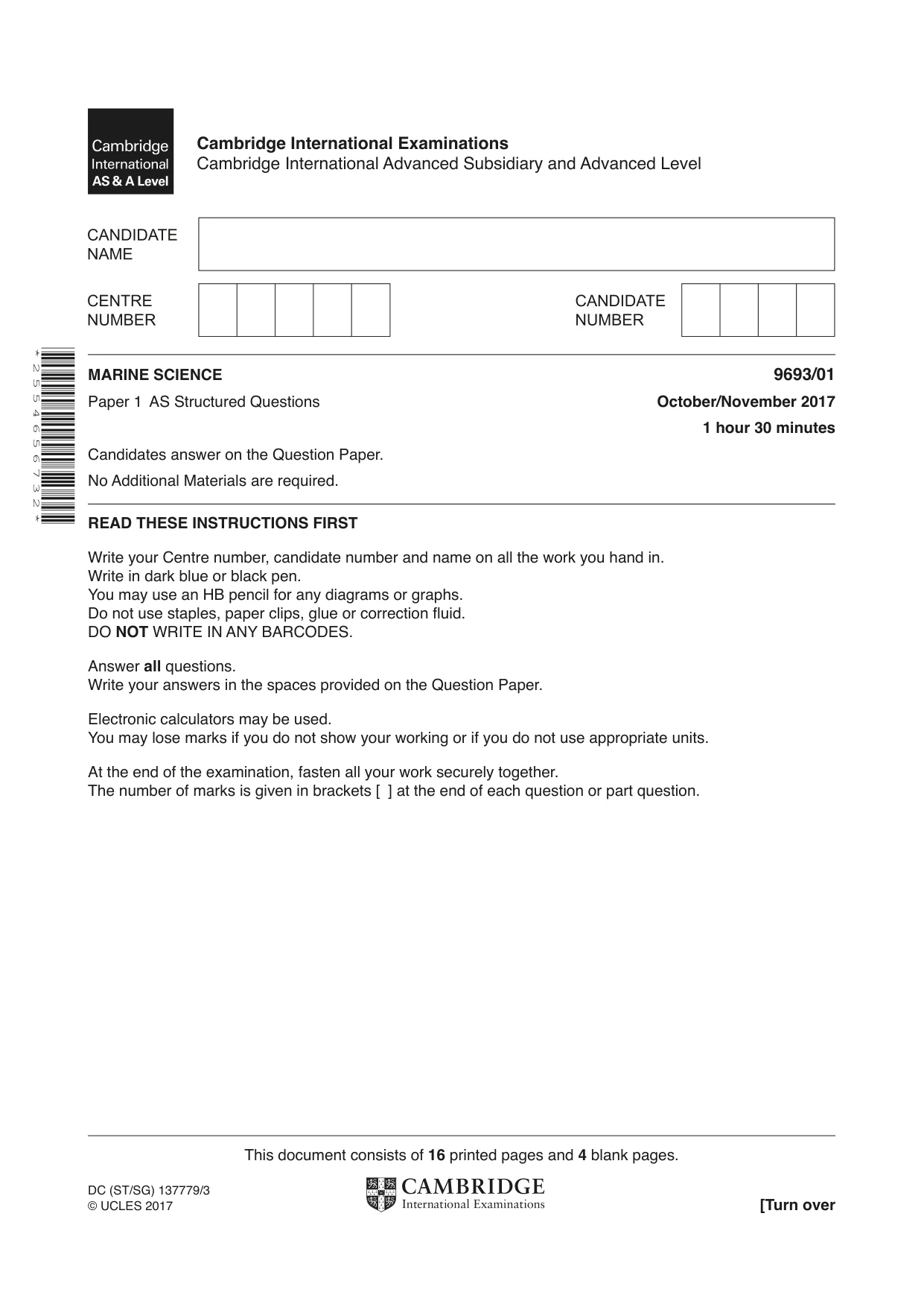 Cambridge A Level Marine Science 9693 2017 Oct/Nov Paper 1 · Variant 1 question paper, page 1 of 20