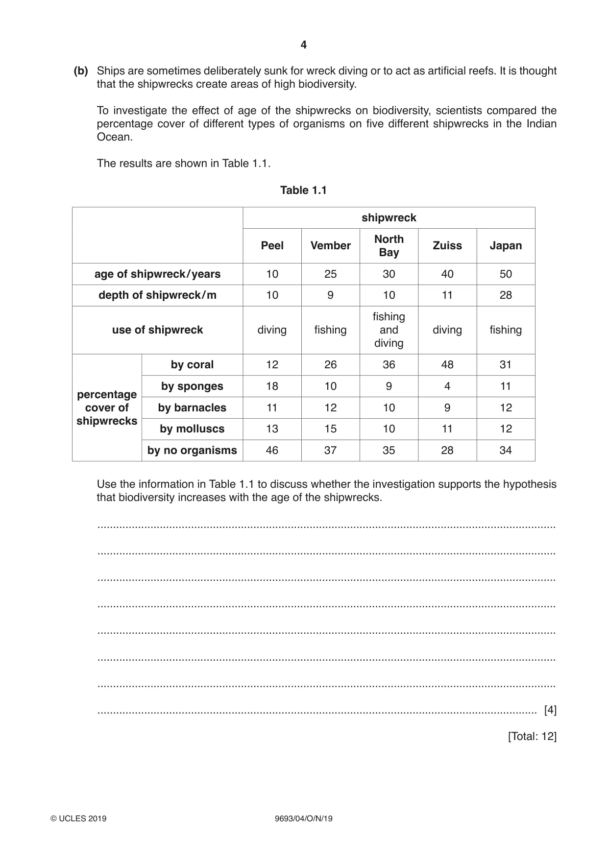 Cambridge A Level Marine Science 9693 2019 Oct/Nov Paper 4 · Variant 0 question paper, page 4 of 12