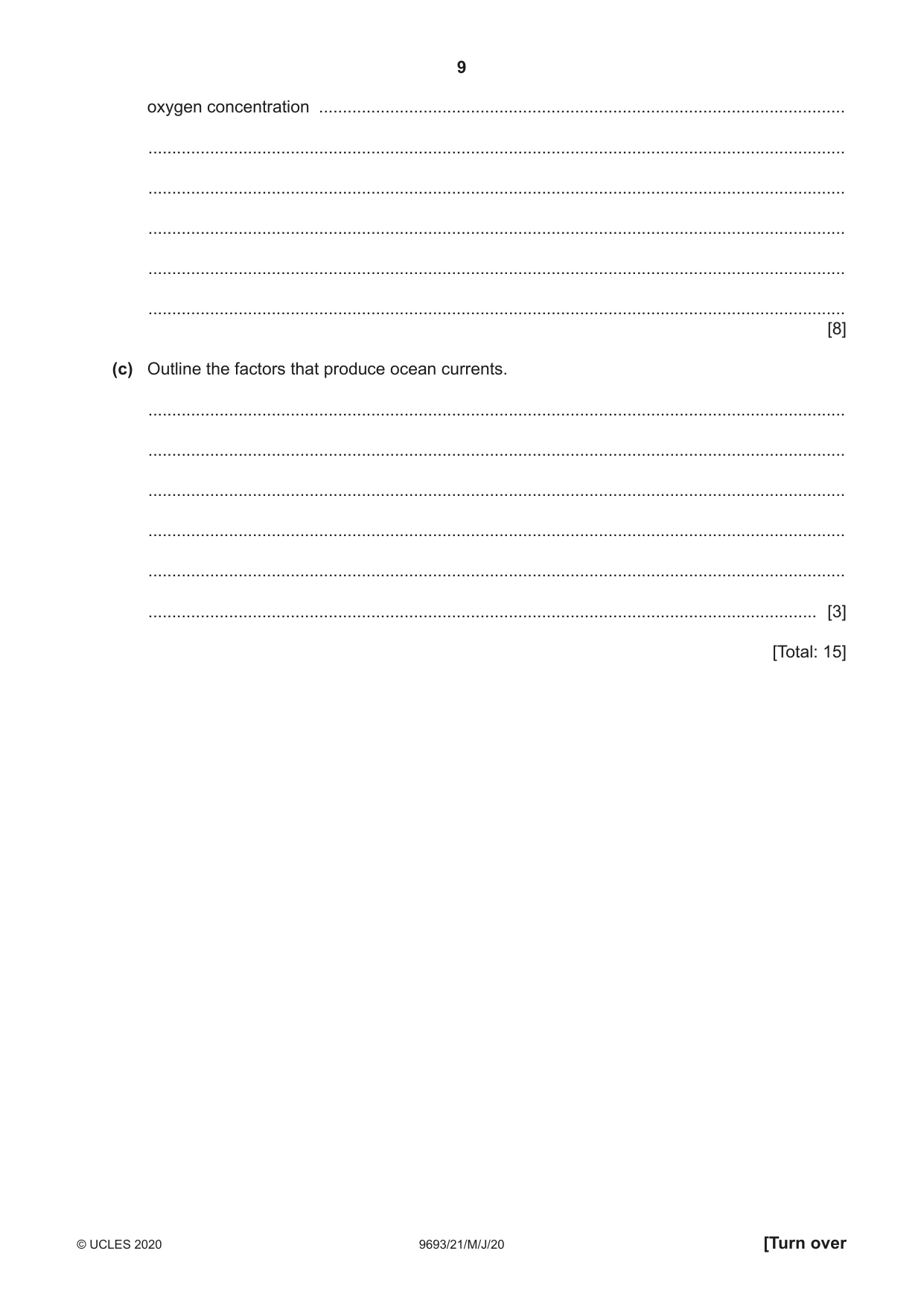 Cambridge A Level Marine Science 9693 2020 May/June Paper 2 · Variant 1 question paper, page 9 of 12