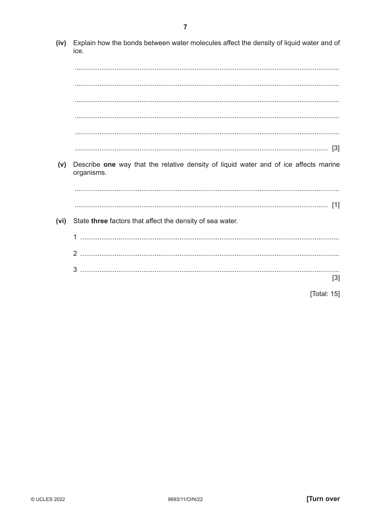 Cambridge A Level Marine Science 9693 2022 Oct/Nov Paper 1 · Variant 1 question paper, page 7 of 12